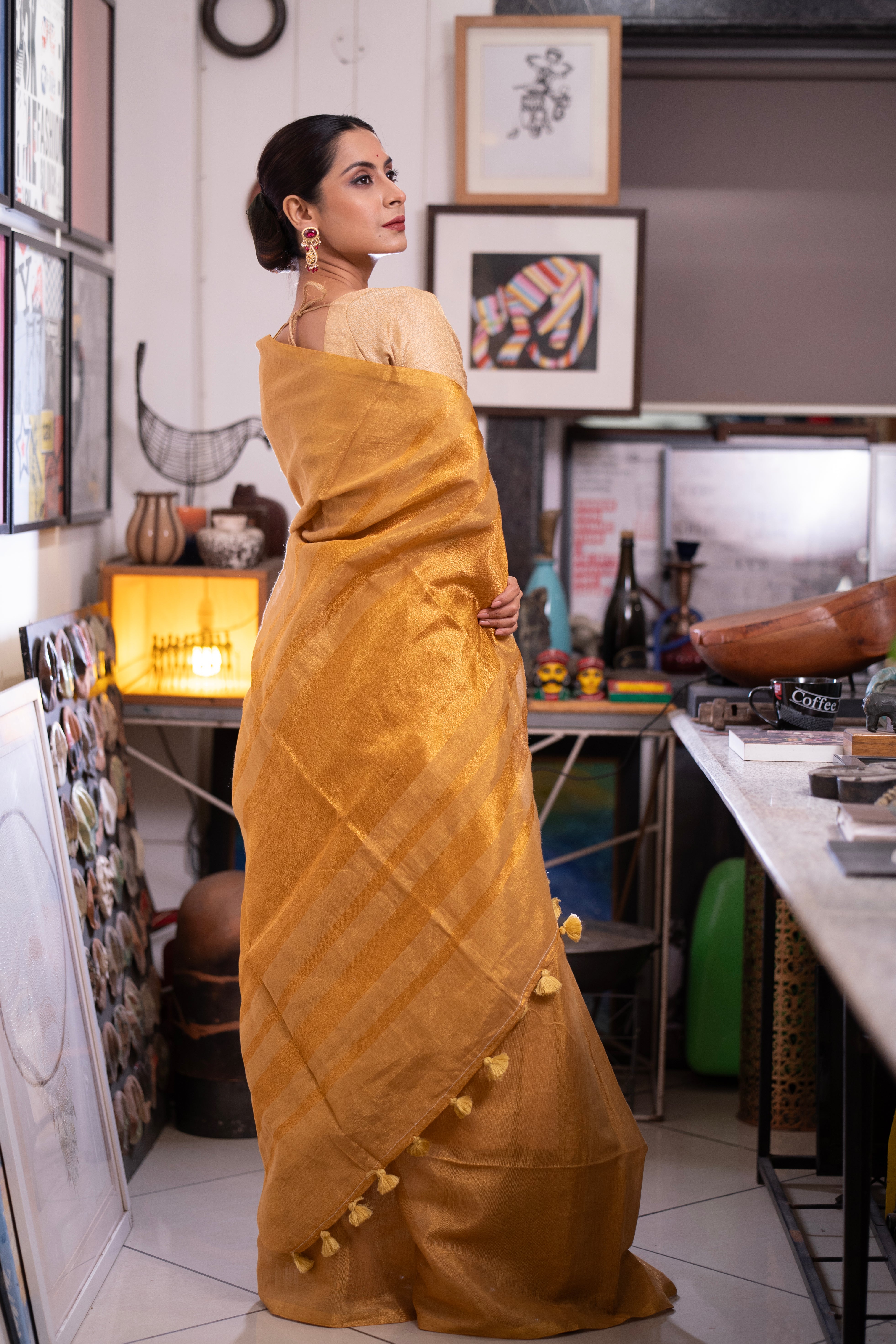 Golden Dual Tone Pure Tissue Linen Saree