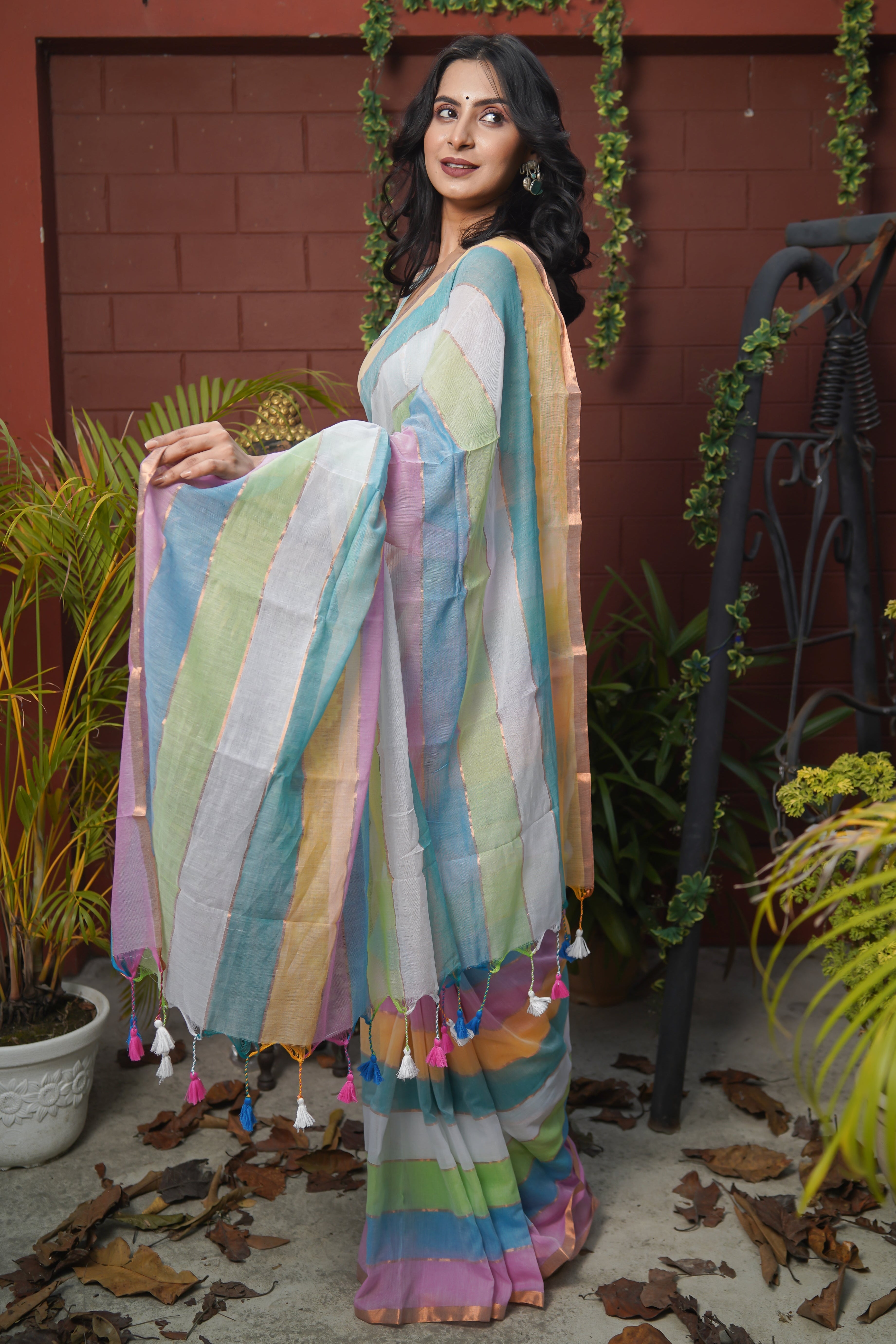 Multicolour Rainbow Mul Mul Cotton Saree with  Blouse piece