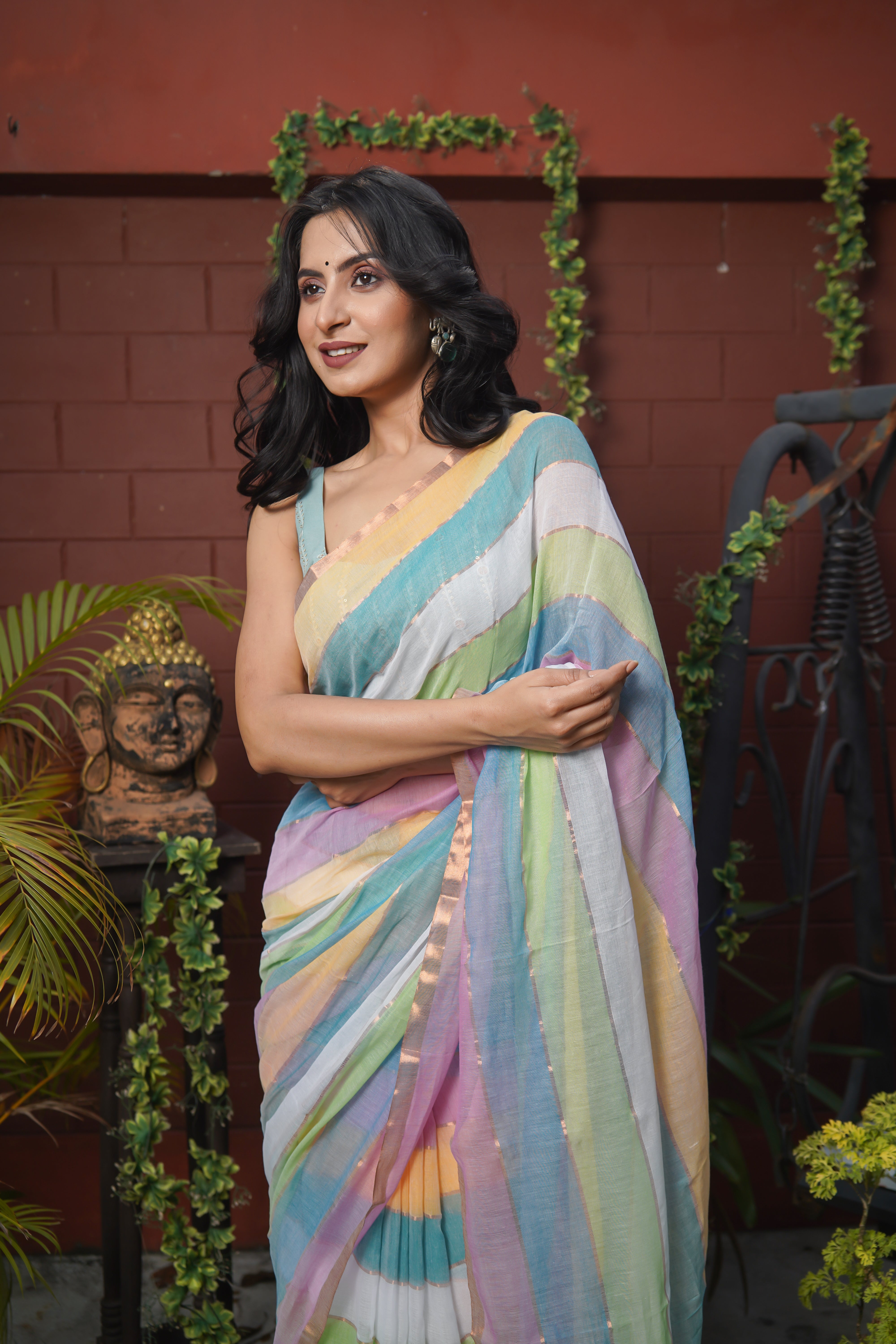 Multicolour Rainbow Mul Mul Cotton Saree with Blouse piece