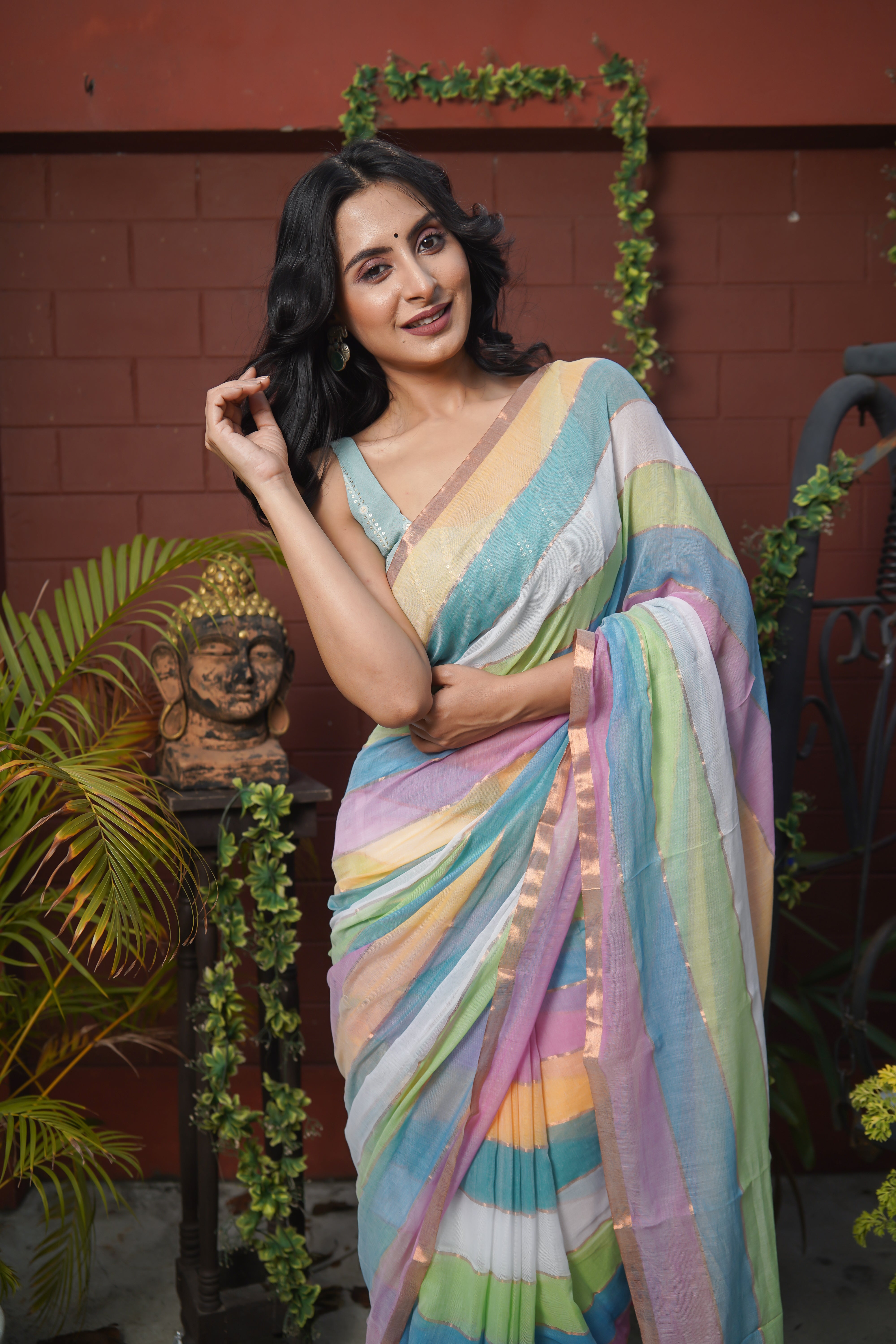 Multicolour Rainbow Mul Mul Cotton Saree with Blouse piece