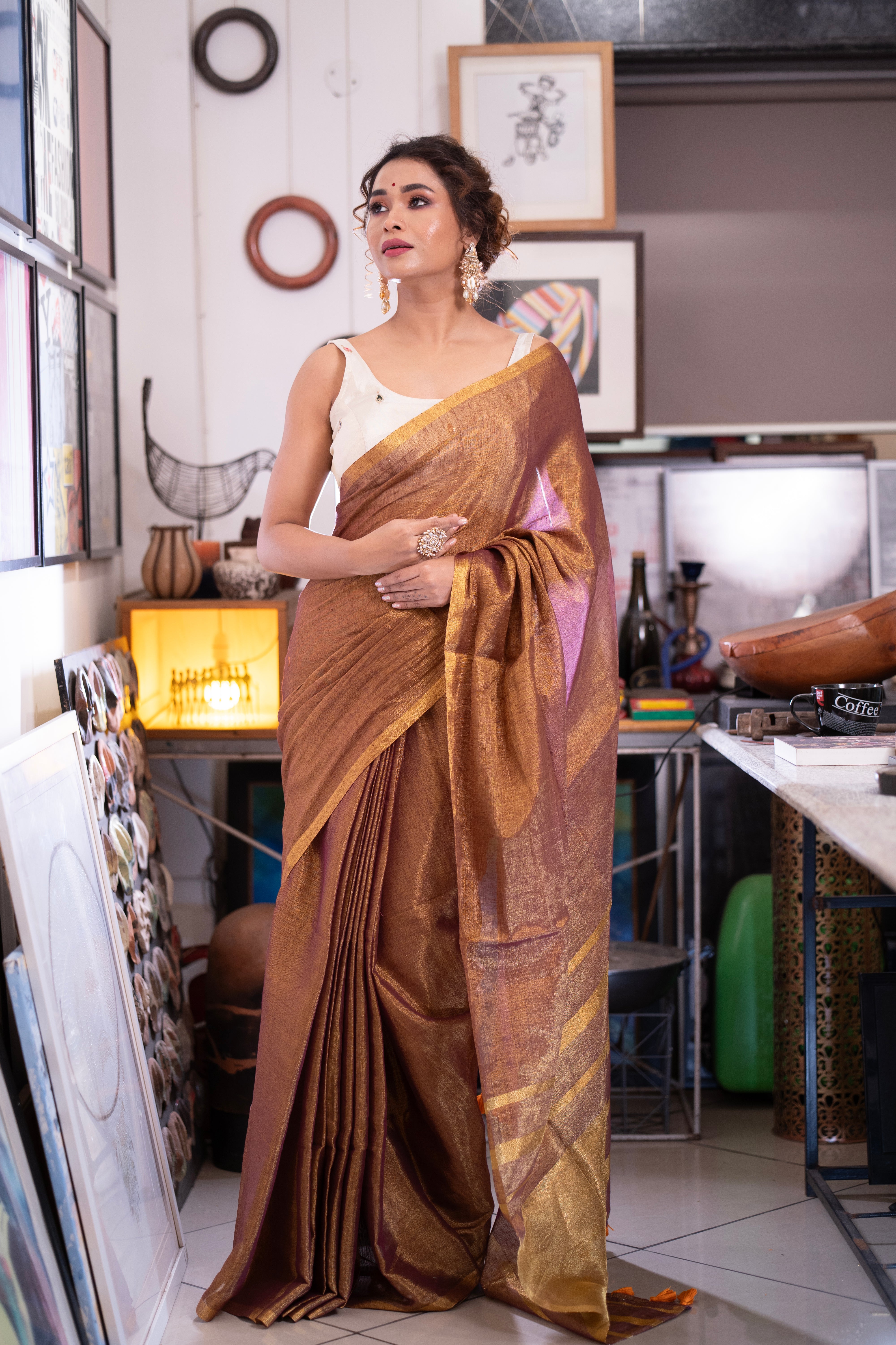 Copper Dual Tone Pure Tissue Linen Saree