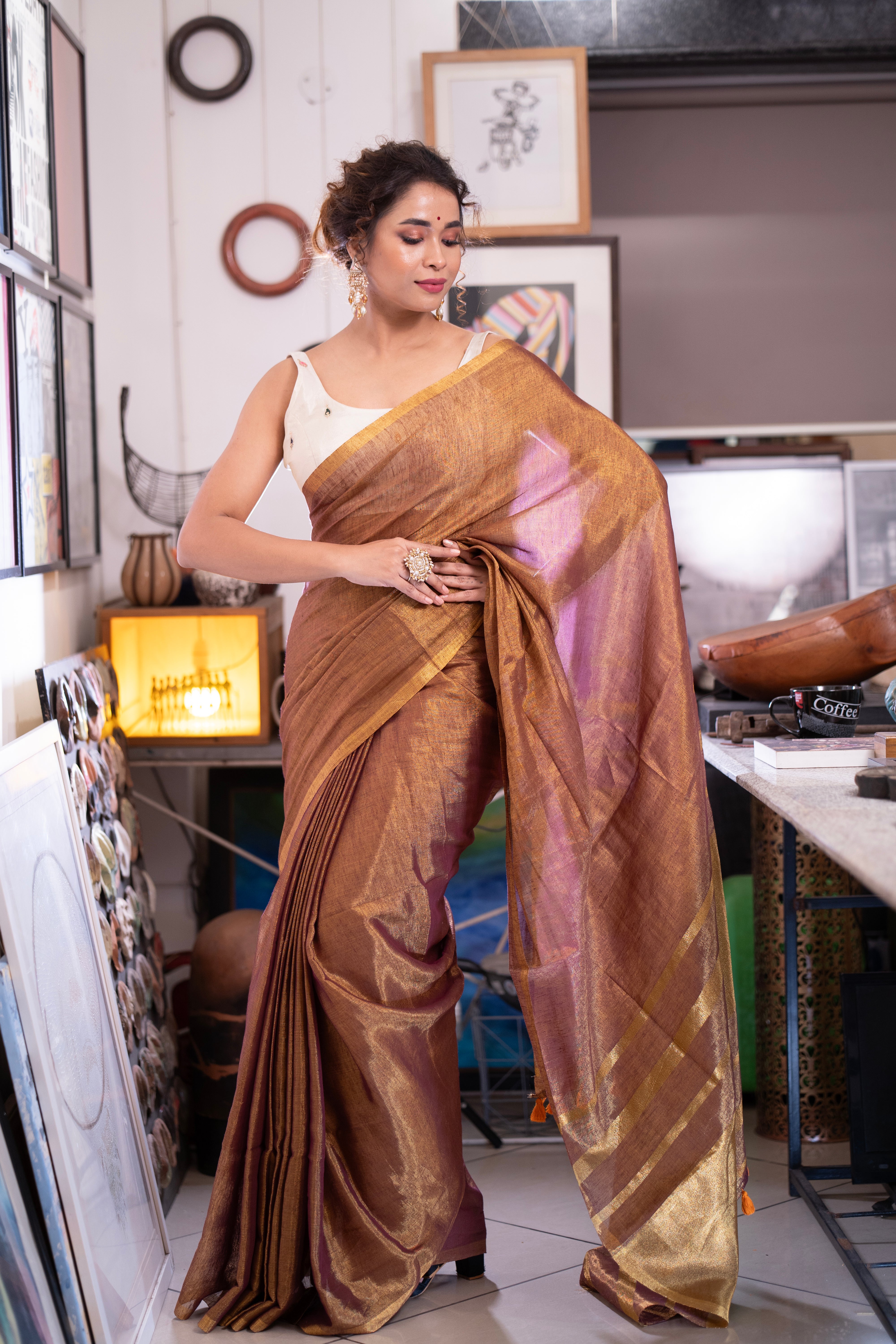 Copper Dual Tone Pure Tissue Linen Saree