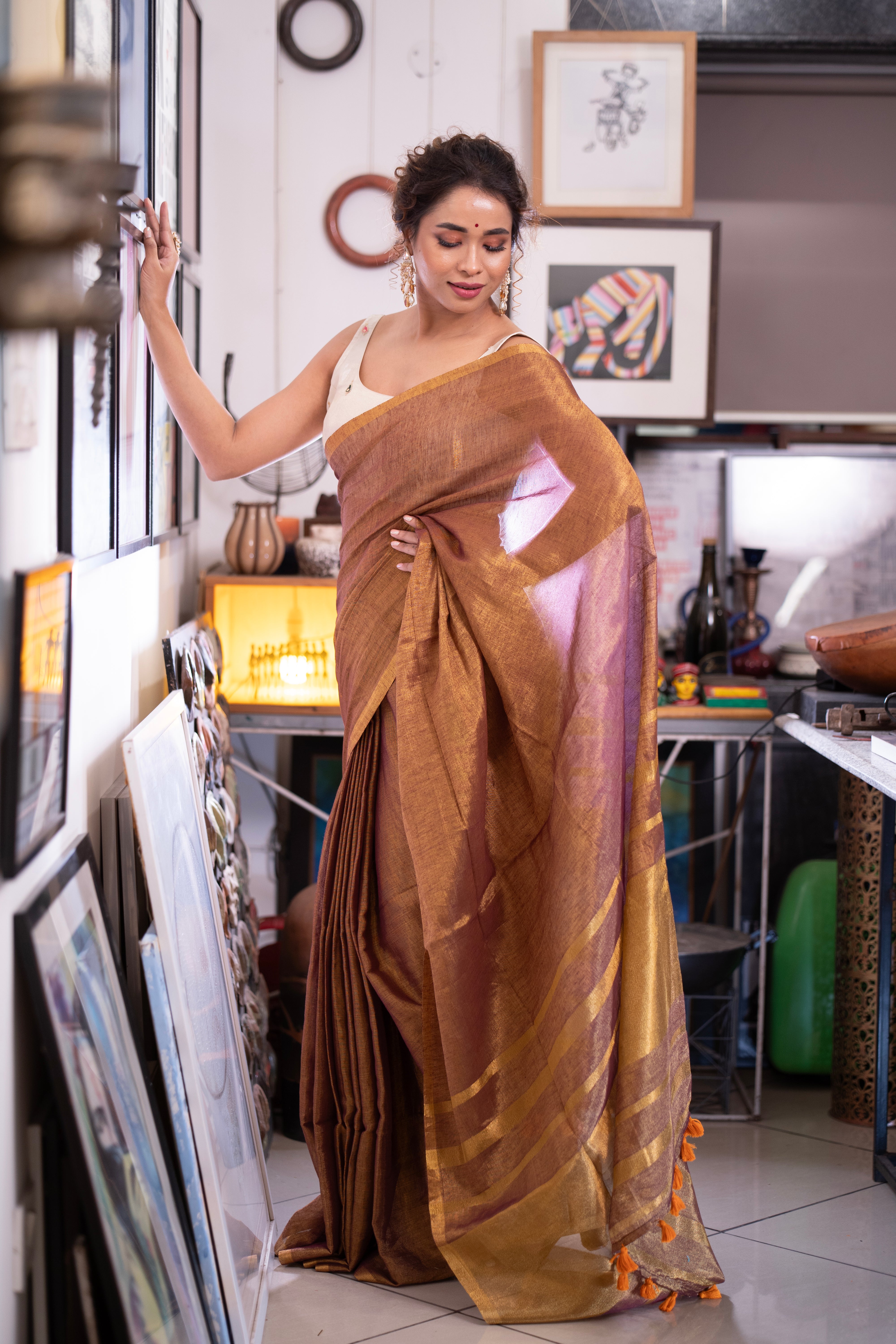 Copper Dual Tone Pure Tissue Linen Saree