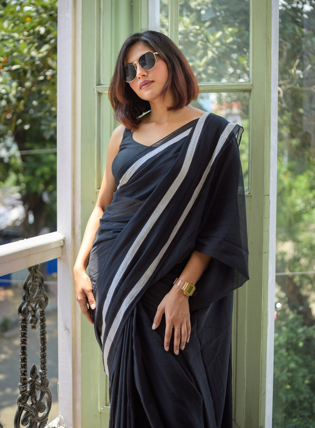 Black Pure Mulmul Cotton Saree With White Border