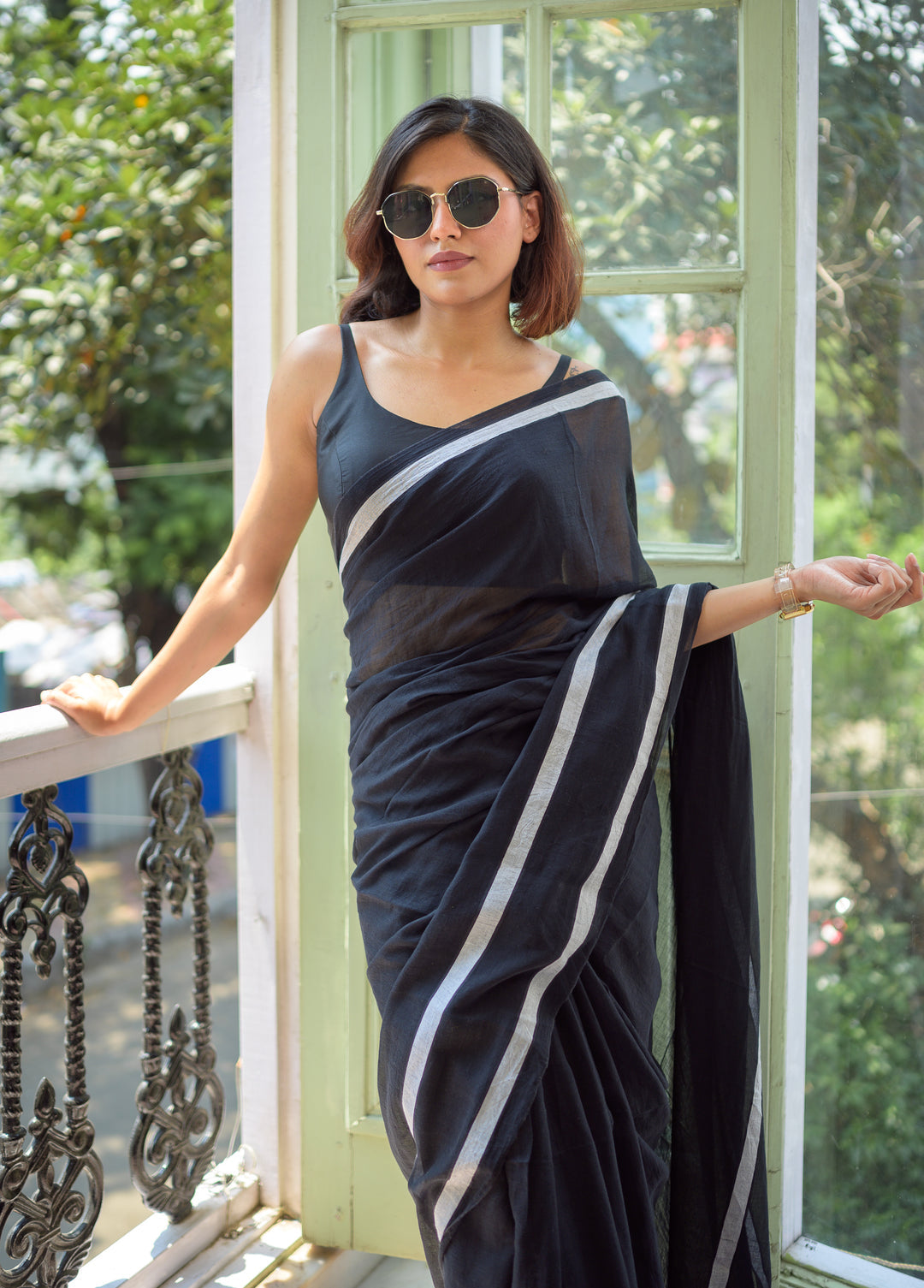Black Pure Mulmul Cotton Saree With White Border