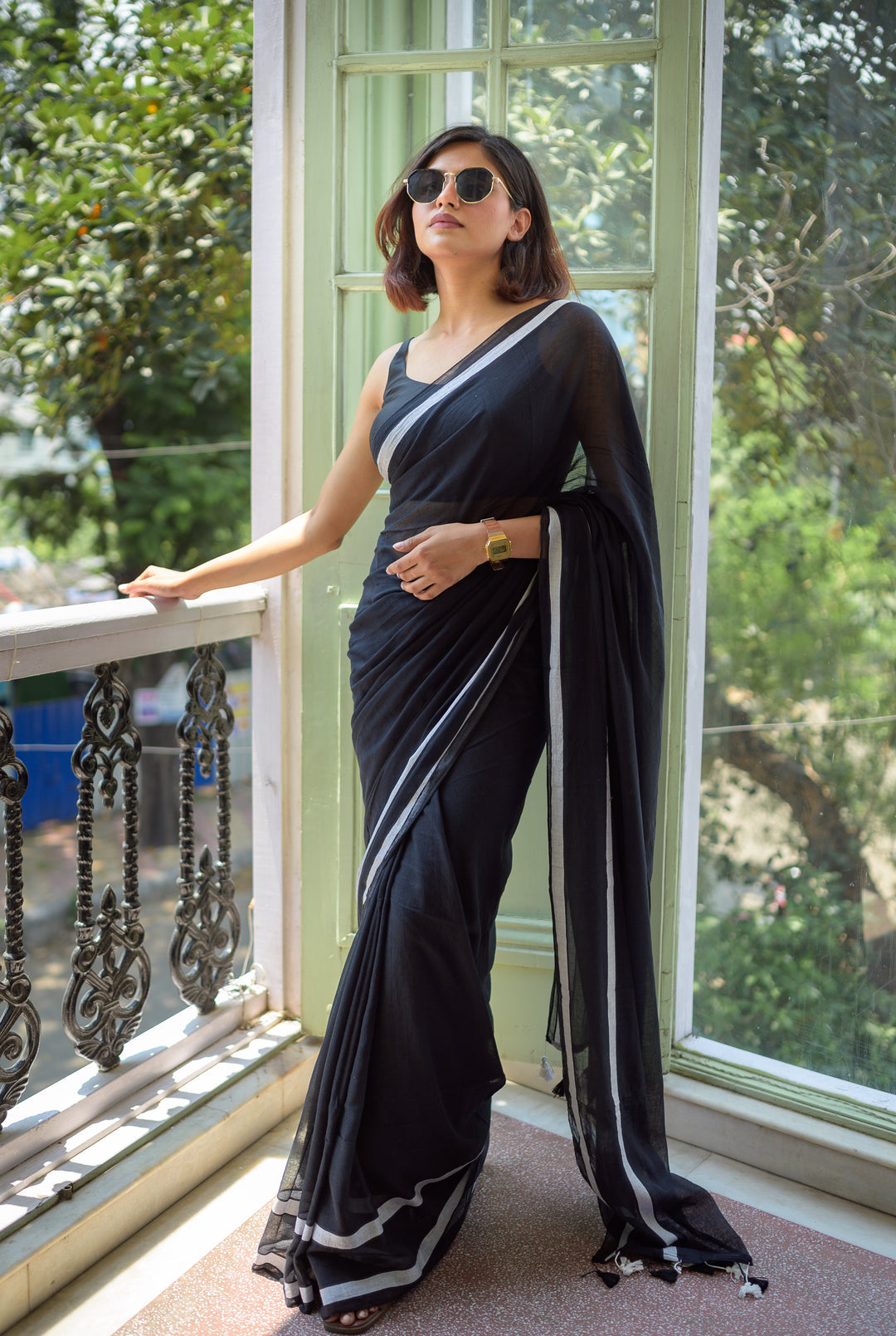 Black Pure Mulmul Cotton Saree With White Border