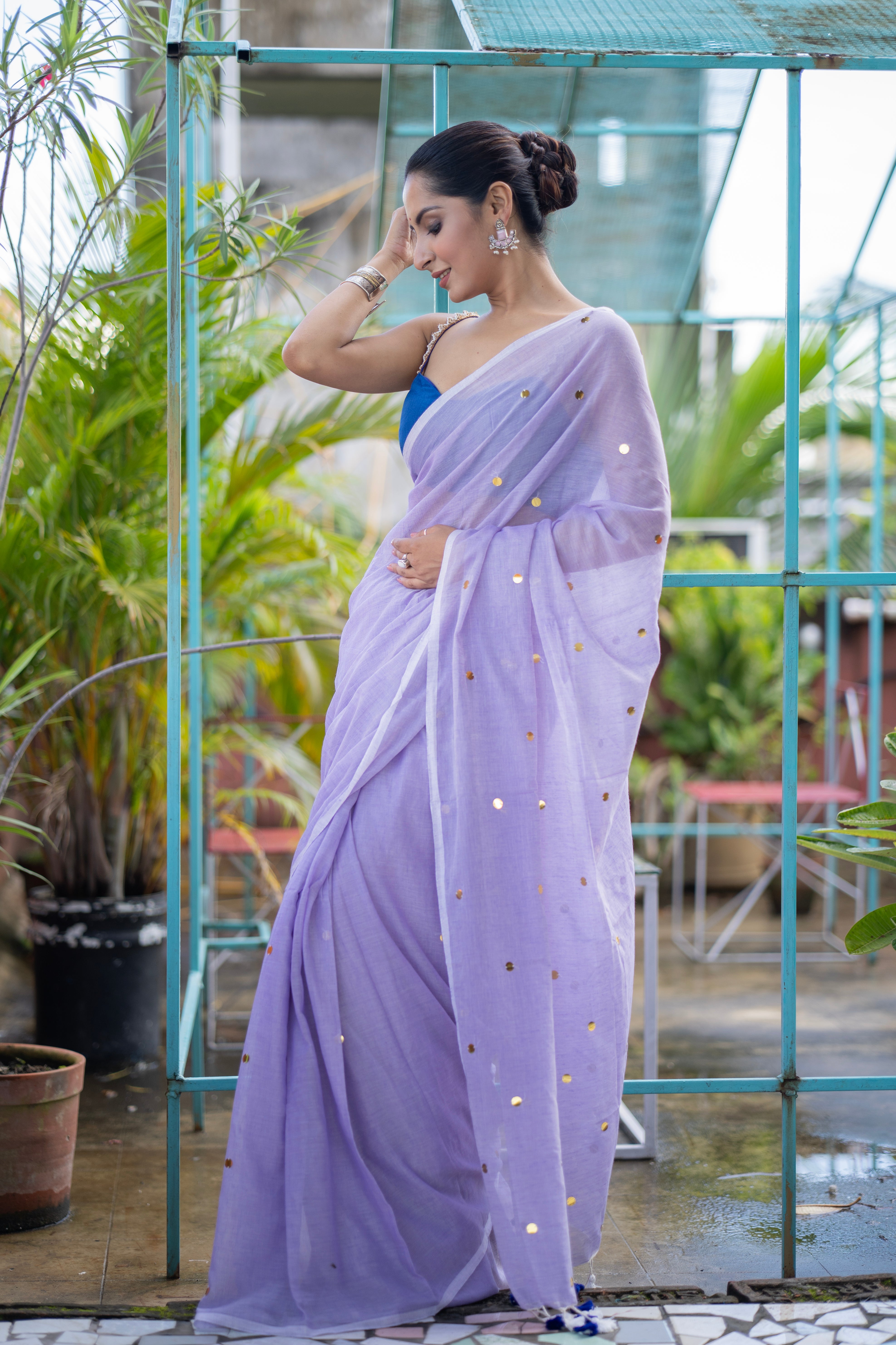 Lavender Mul Mul Cotton Saree with Ginni Work