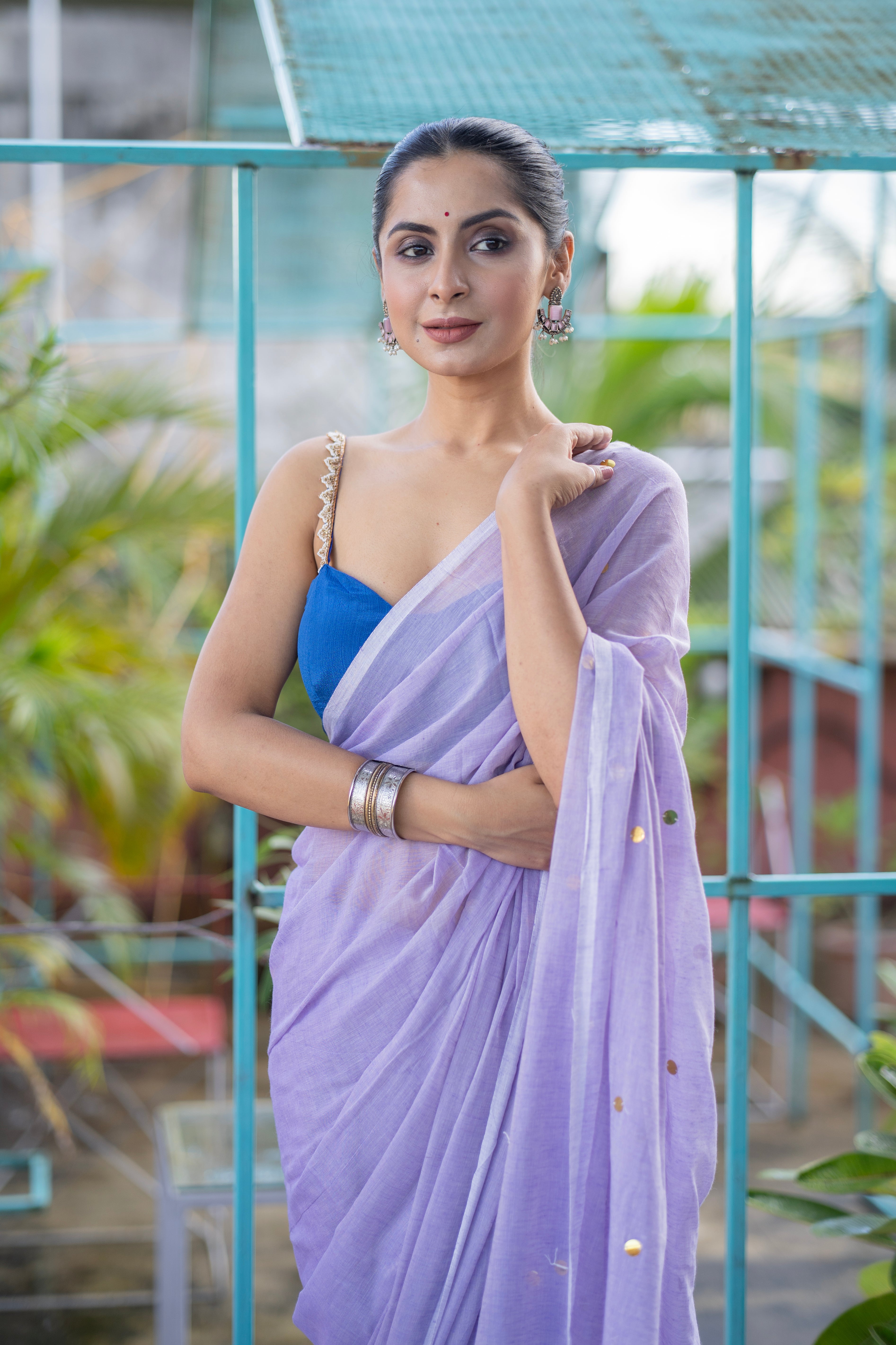 Lavender Mul Mul Cotton Saree with Ginni Work