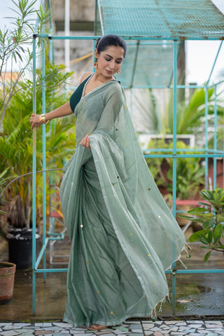 Light Green gini work Mul Mul Cotton Saree with blouse piece