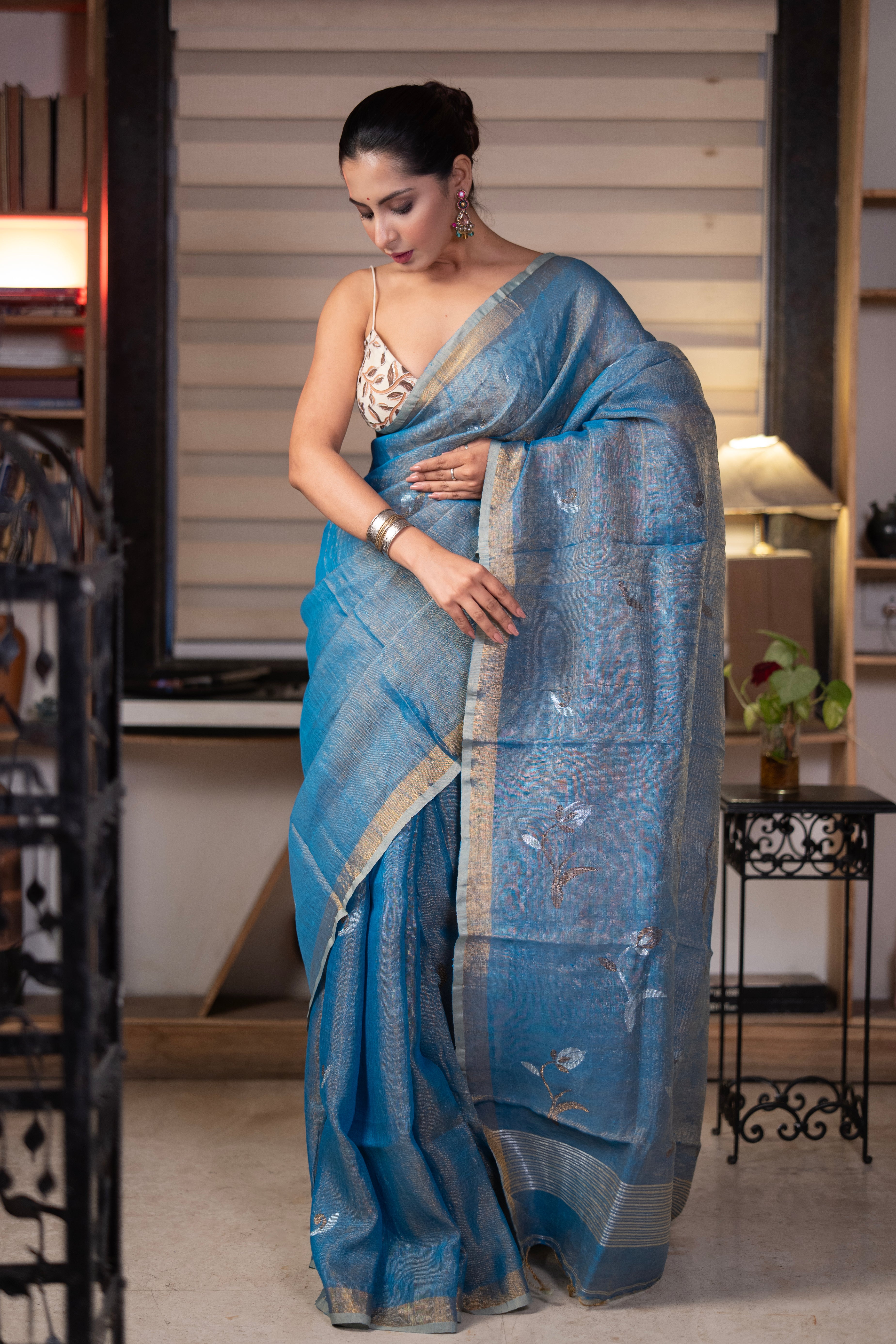 Blue Pure Tissue Linen Handwoven Tulip Saree