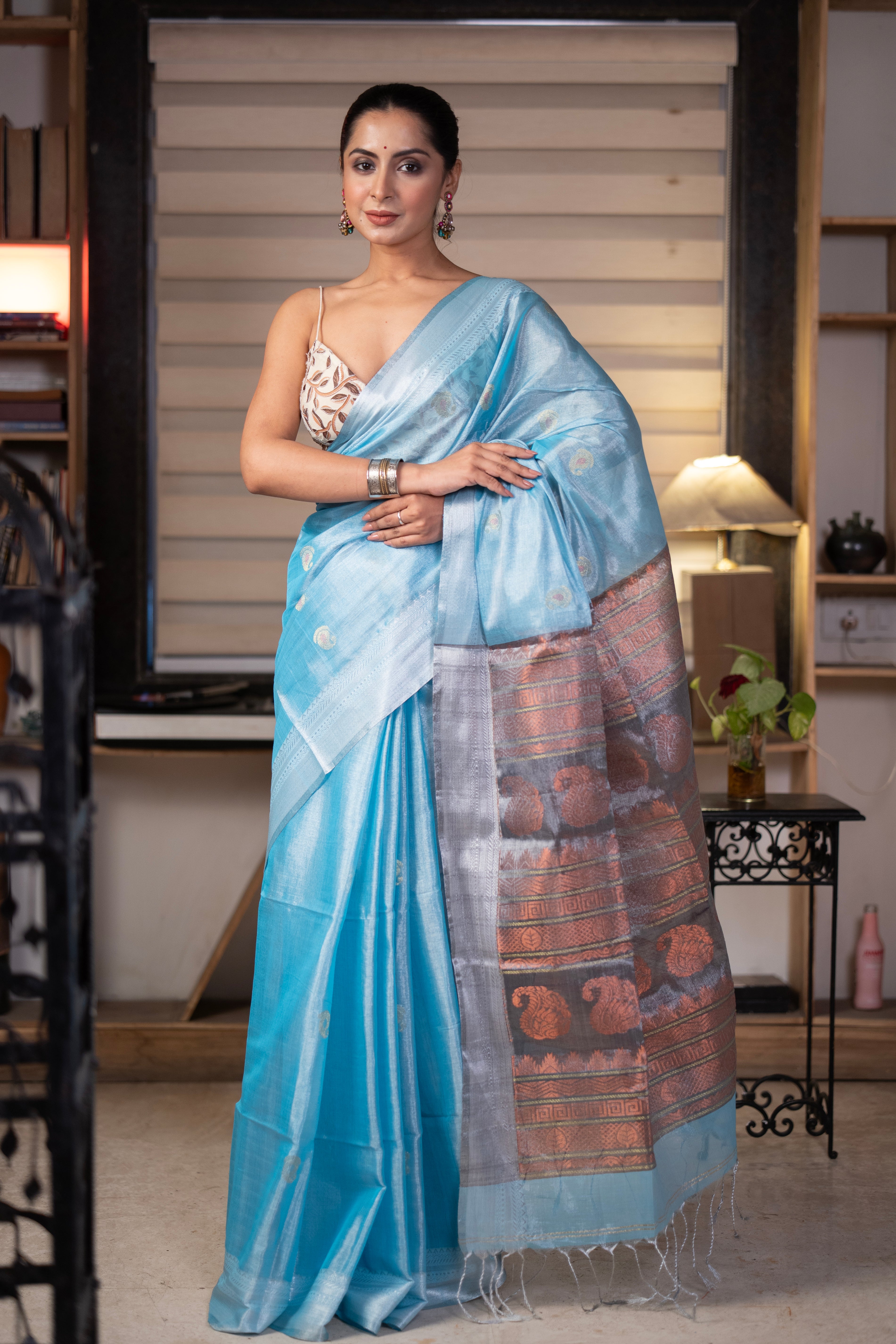 Metallic Cadet Blue Pure Tissue Linen Hand Woven Jamdani Saree