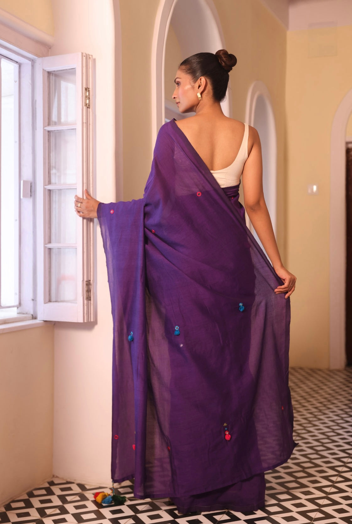 Purple Mulmul Cotton Saree with Mirror Work & Pompom Border