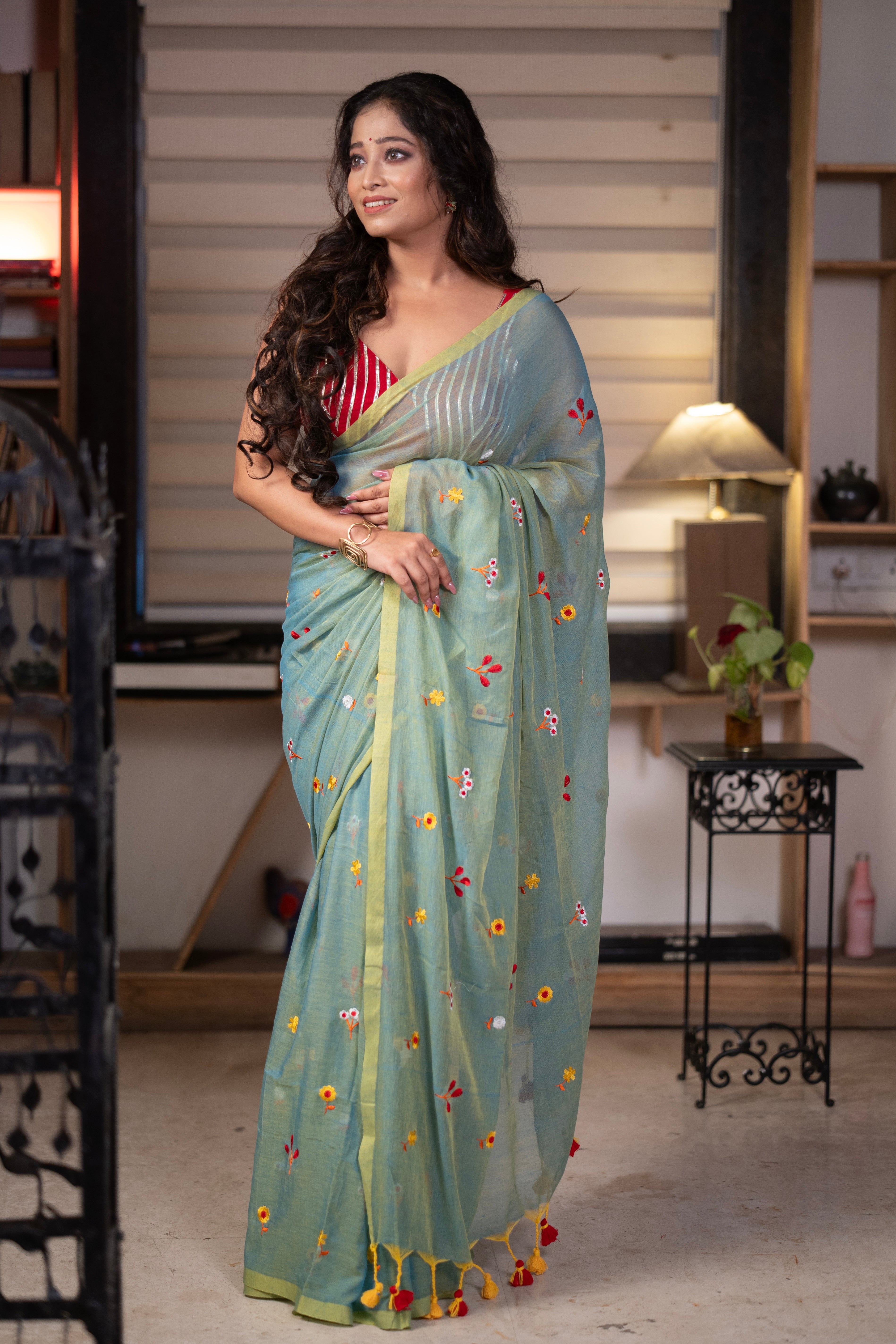 Frog green Embroidered Mul Mul Cotton Saree