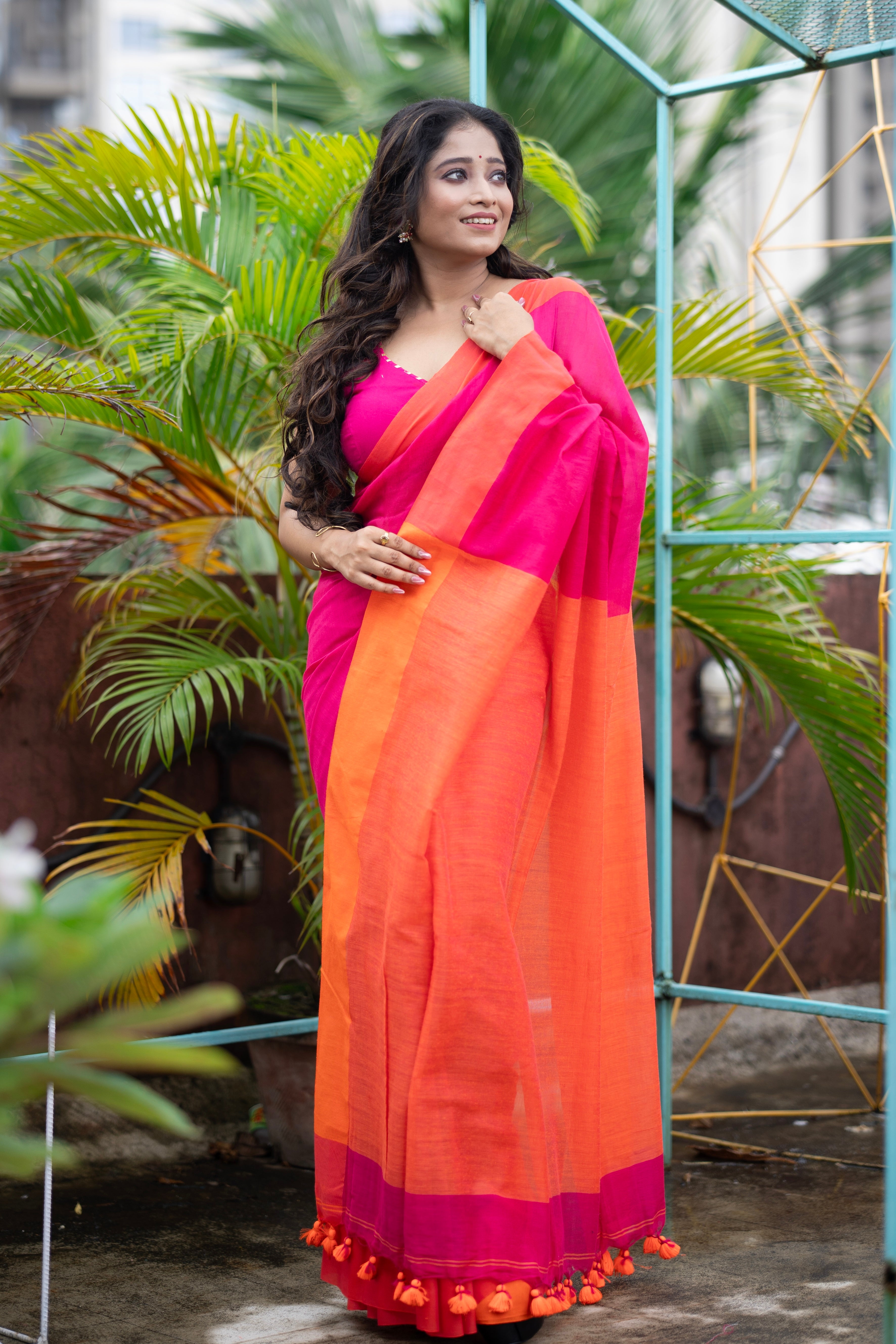 Rani & orange Mul Mul Cotton Saree
