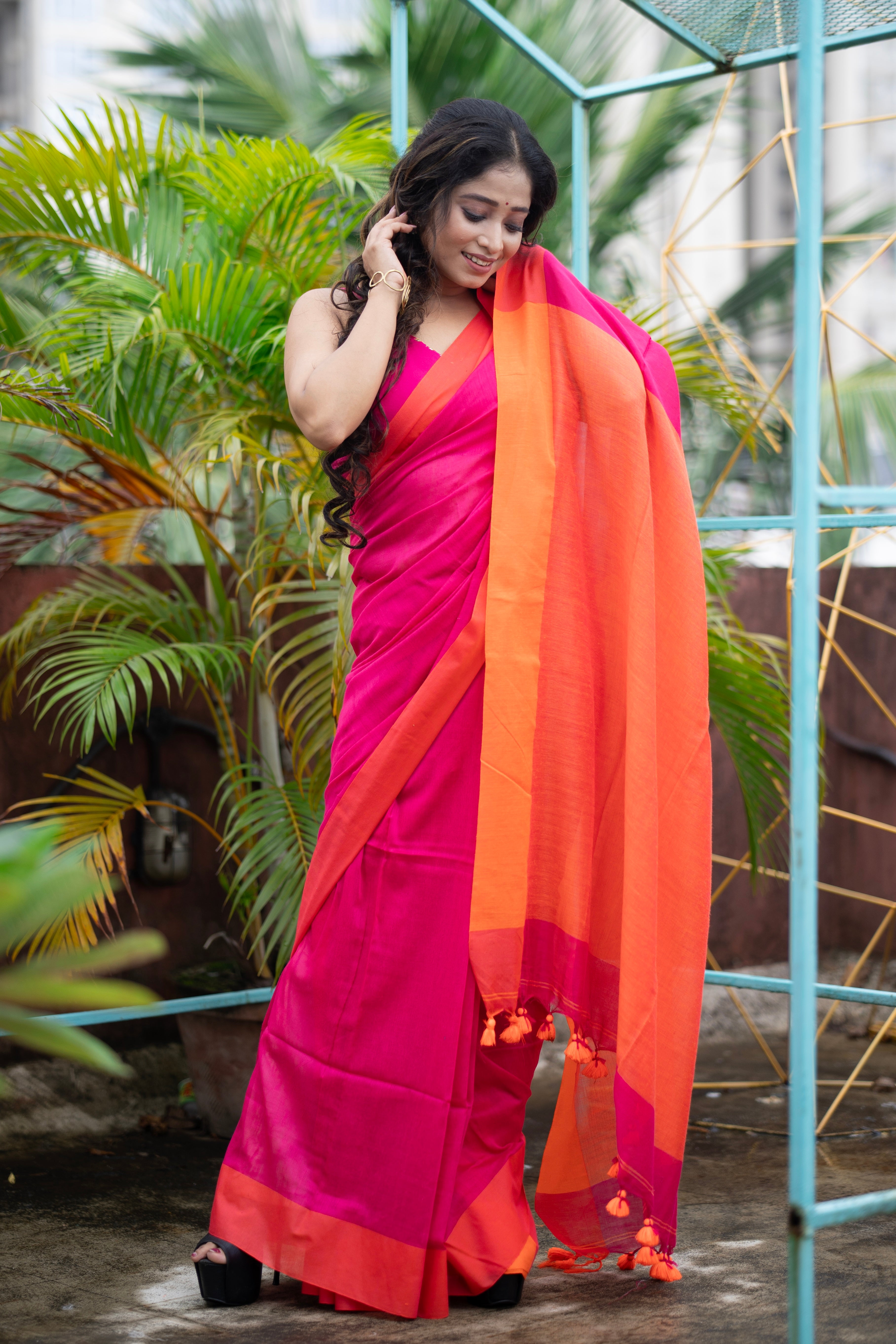 Rani & orange Mul Mul Cotton Saree