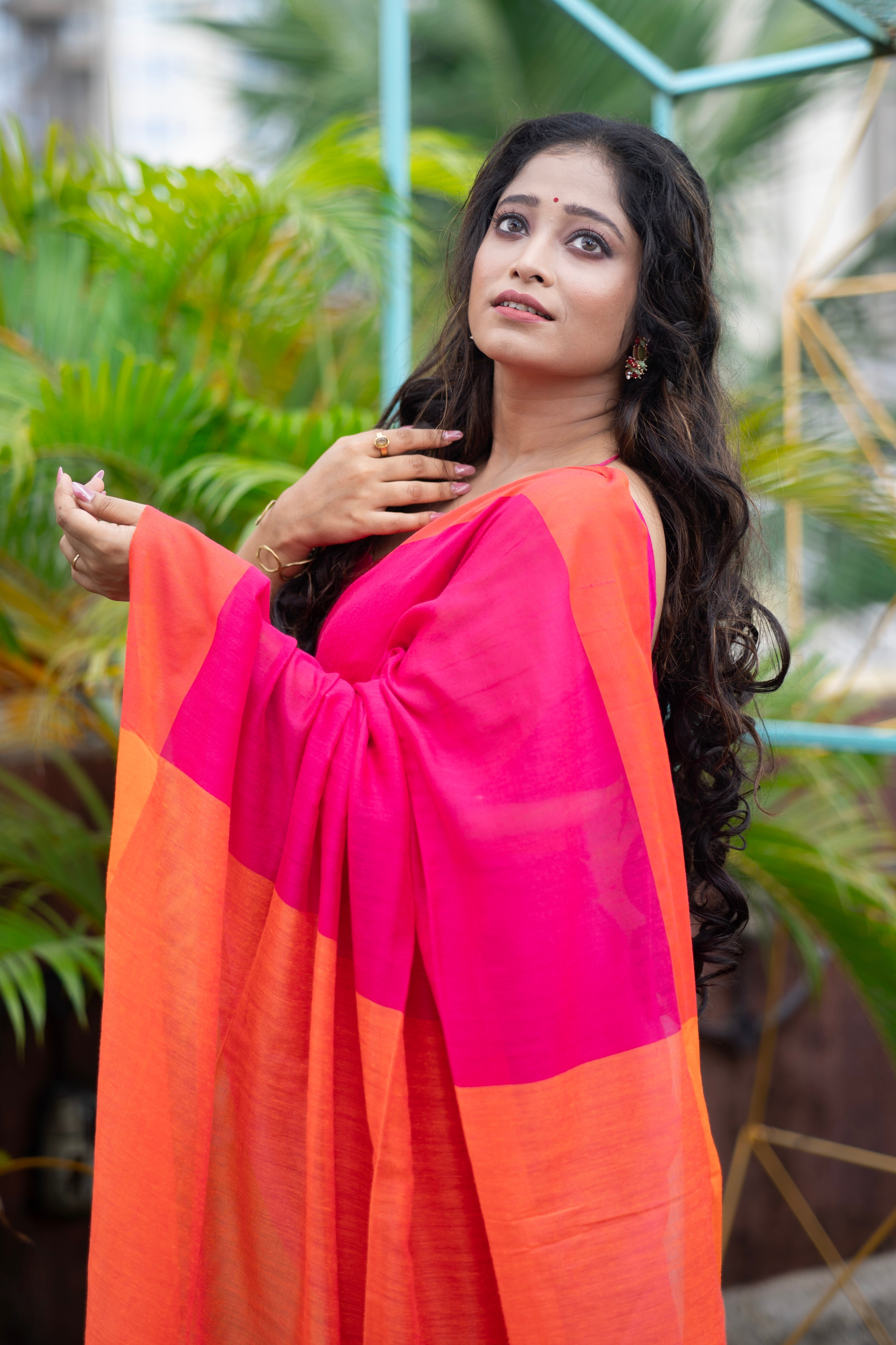 Rani & orange Mul Mul Cotton Saree