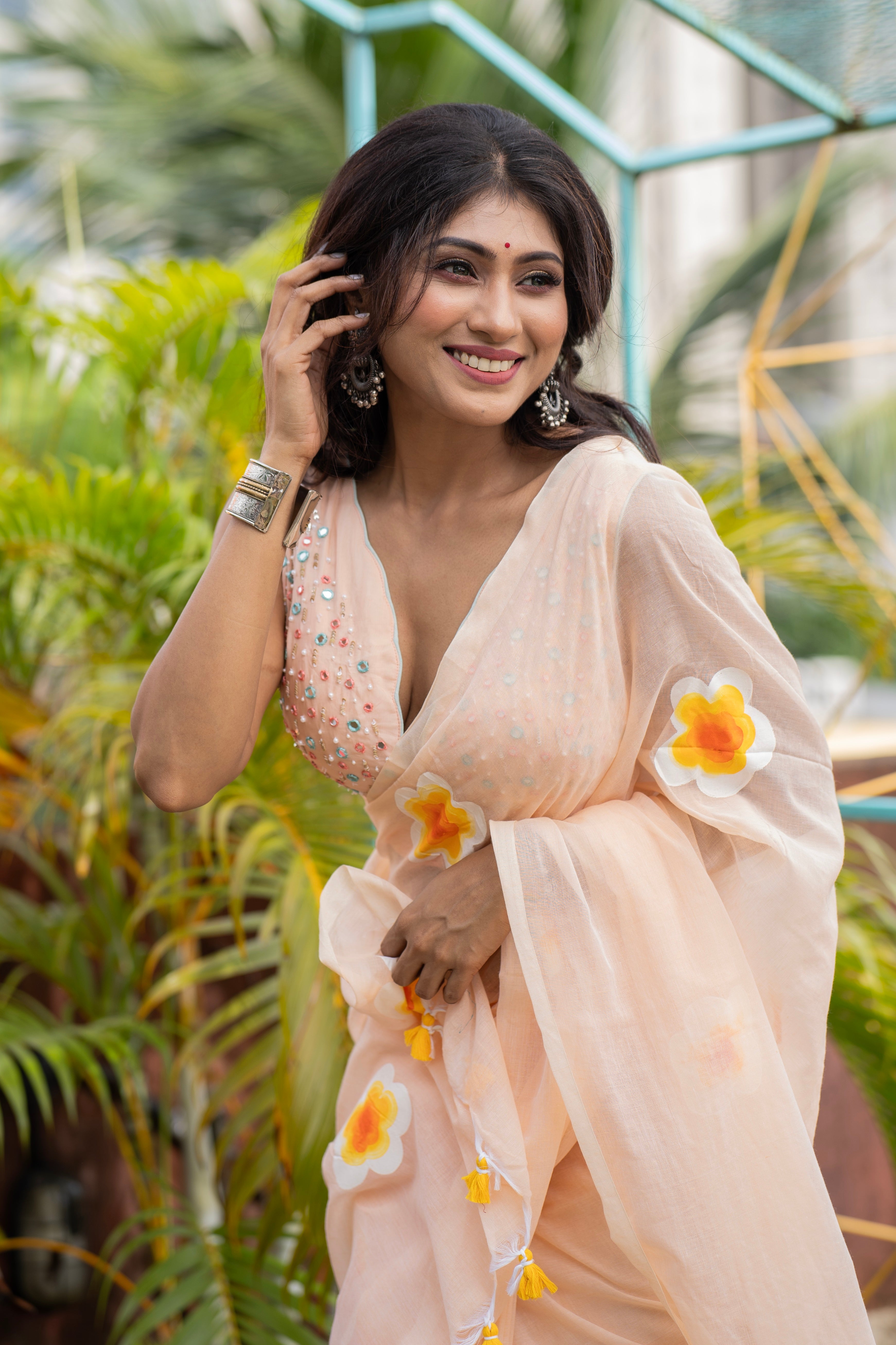 Hand-Printed Floral Mulmul Cotton Saree- cream