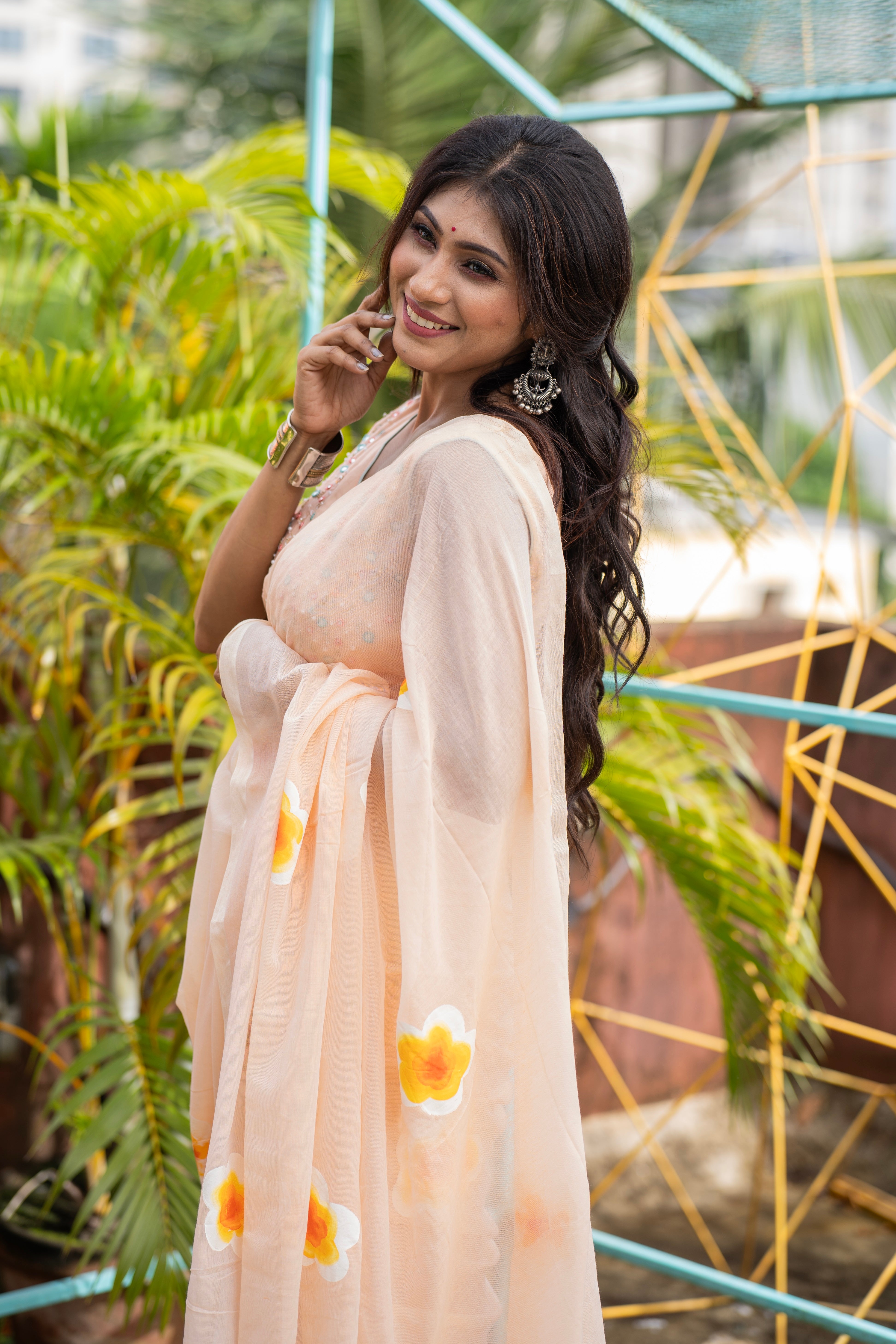 Hand-Printed Floral Mulmul Cotton Saree- cream