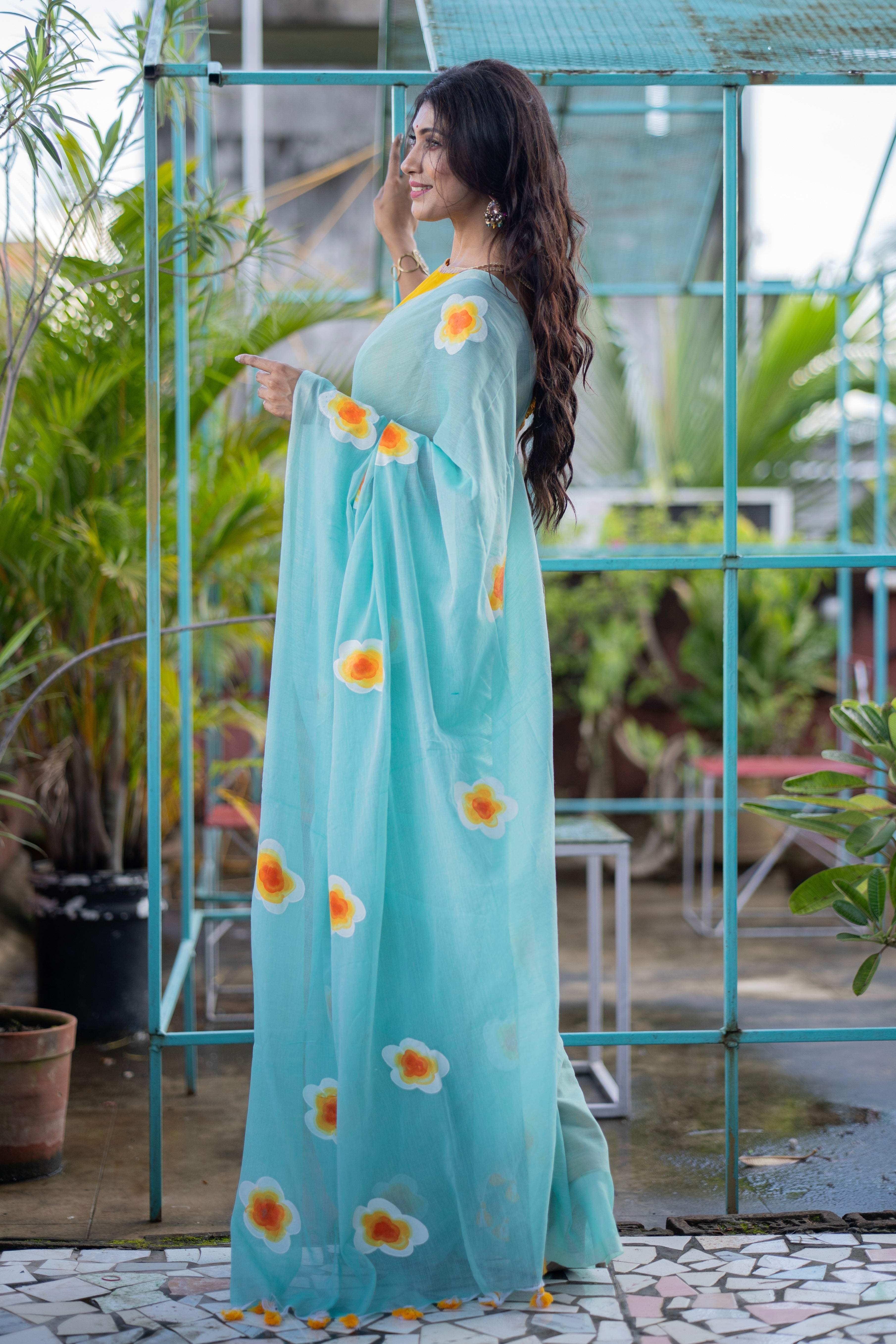 Hand-Printed Floral Mulmul Cotton Saree- light blue