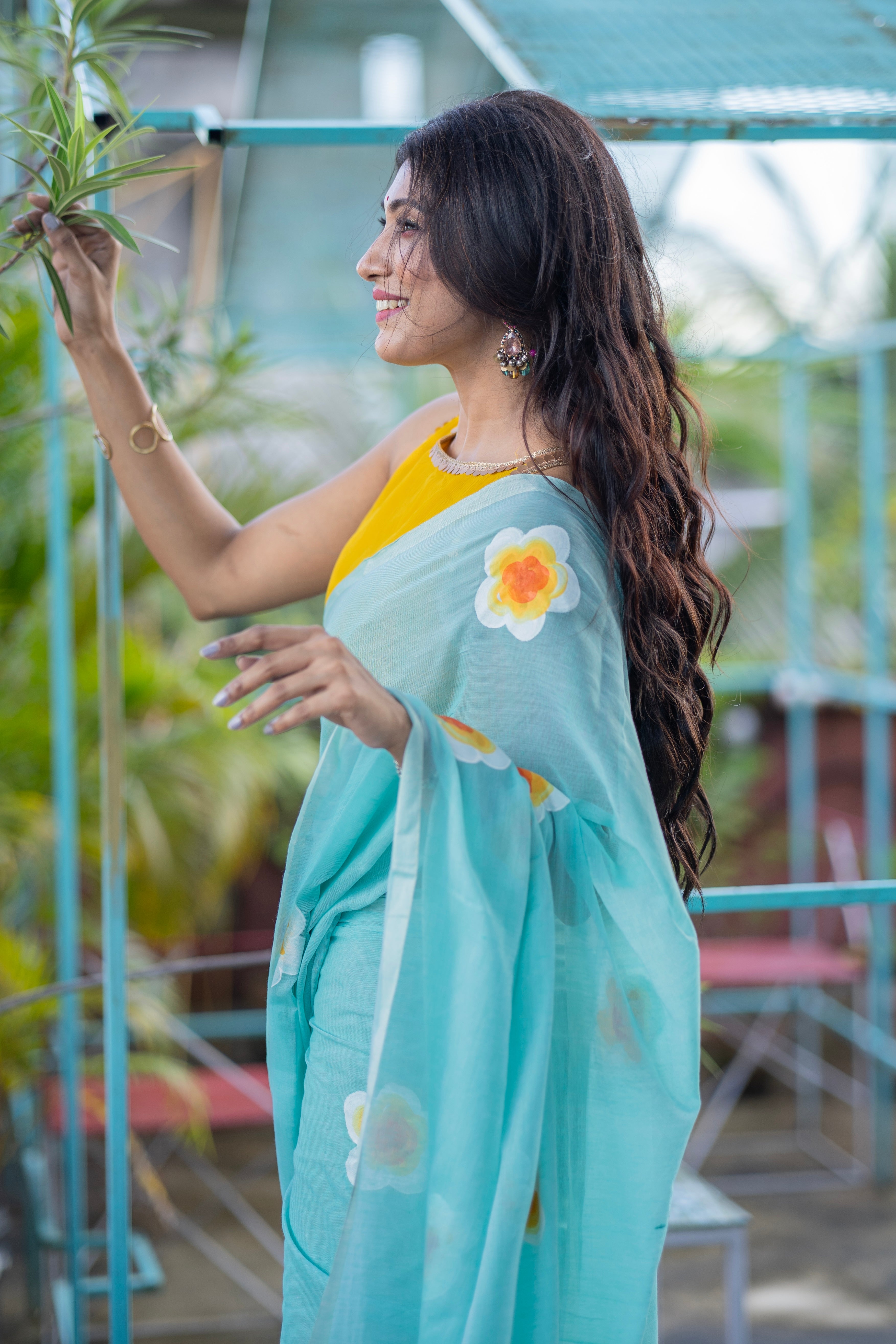 Hand-Printed Floral Mulmul Cotton Saree- light blue