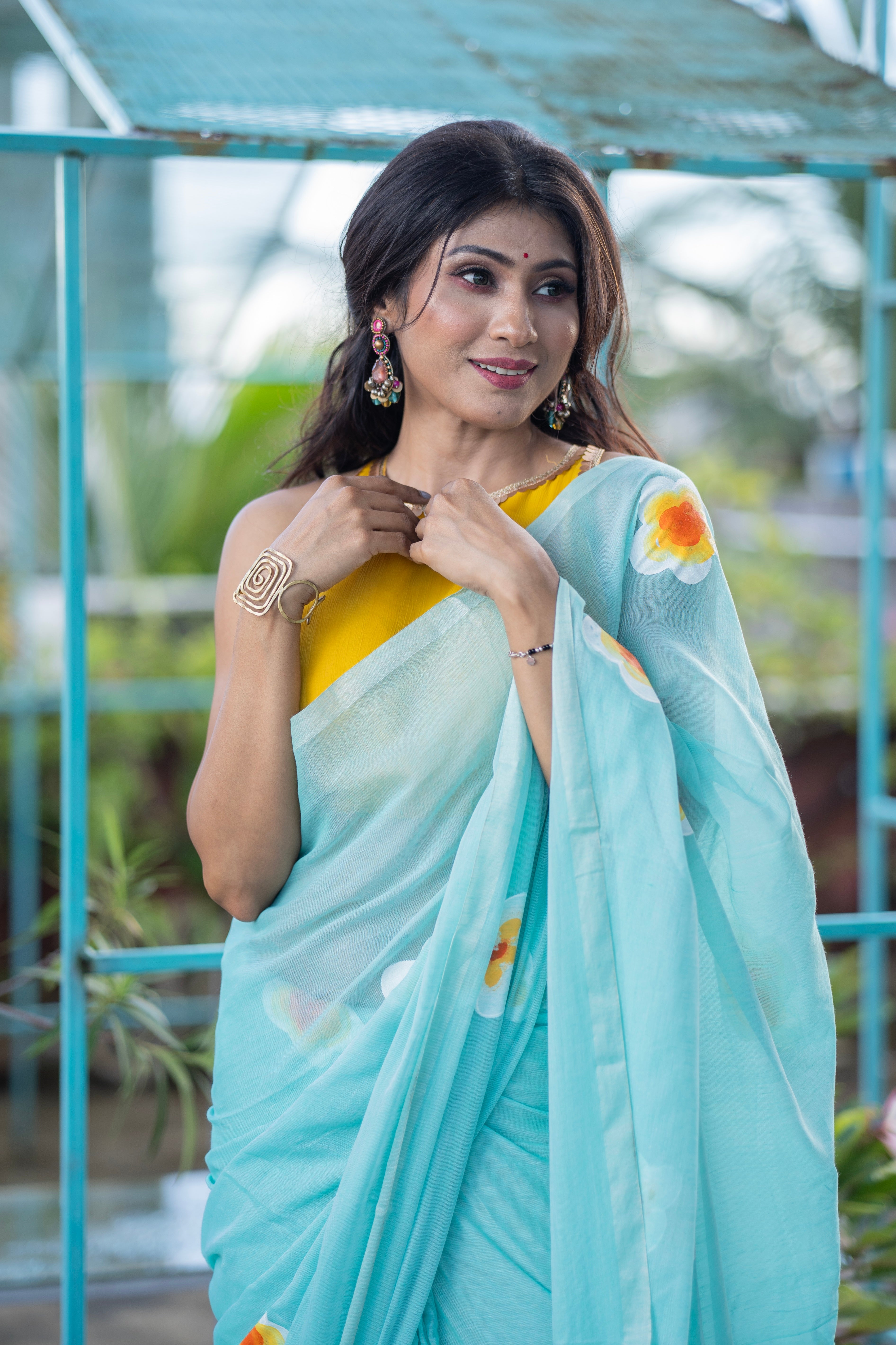 Hand-Printed Floral Mulmul Cotton Saree- light blue