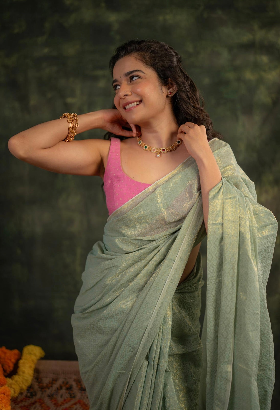 Sage mull cotton zari saree
