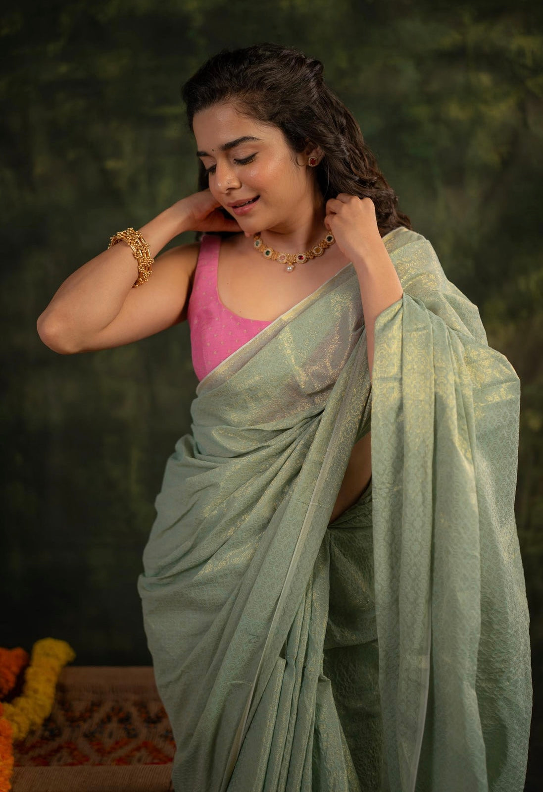 Sage mull cotton zari saree