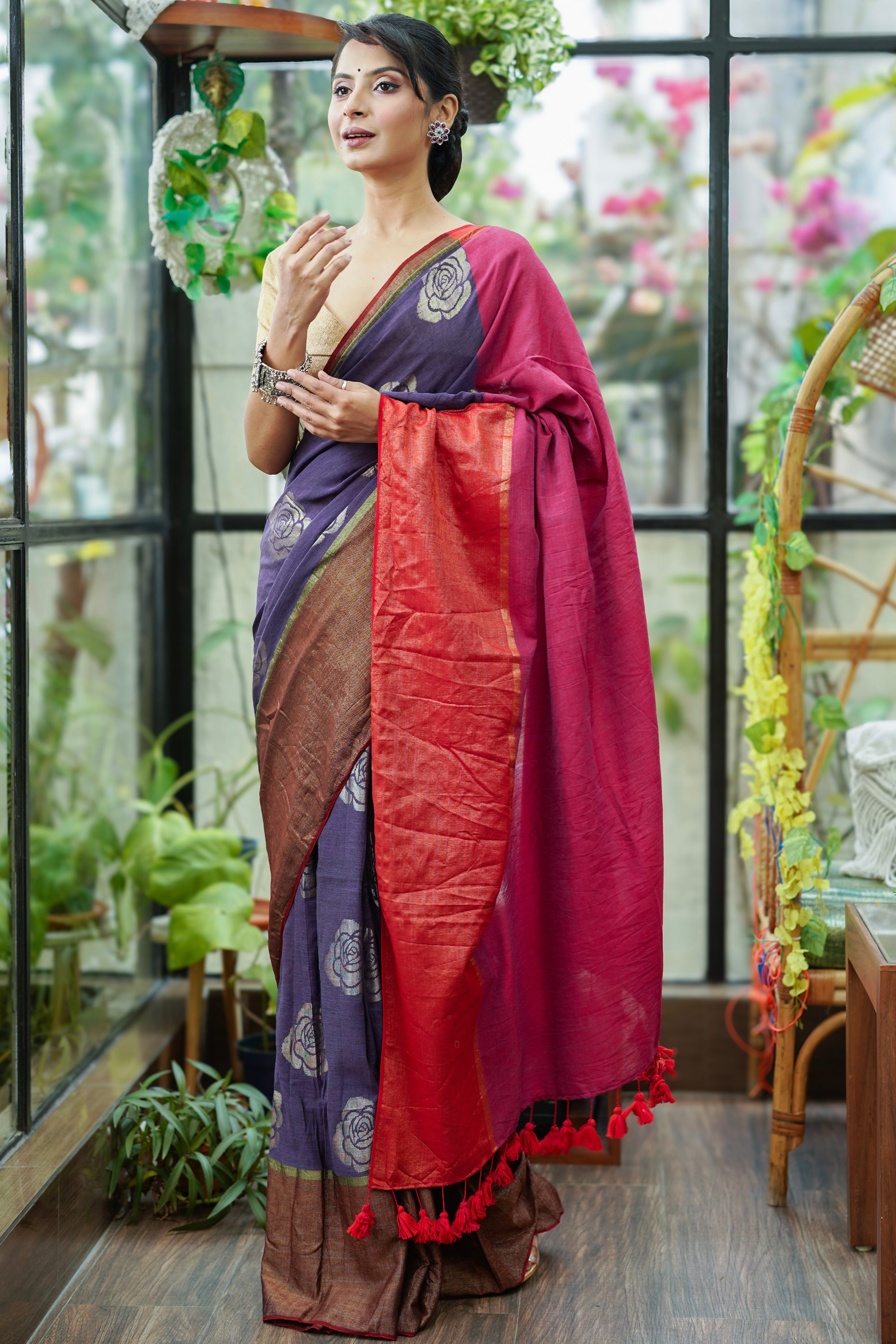 Purple Rose Weaving Modal mulmul cotton Saree