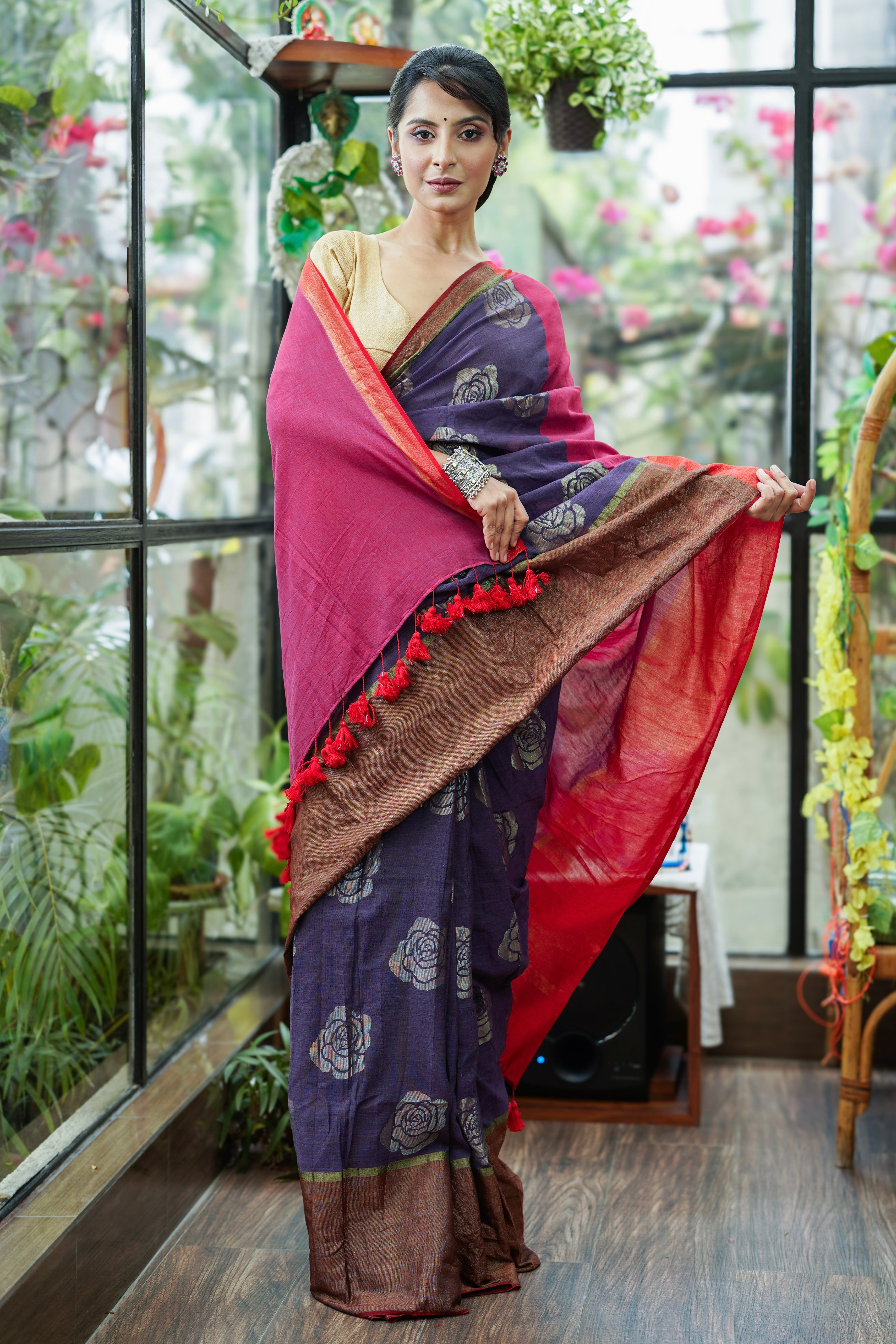 Purple Rose Weaving Modal mulmul cotton Saree