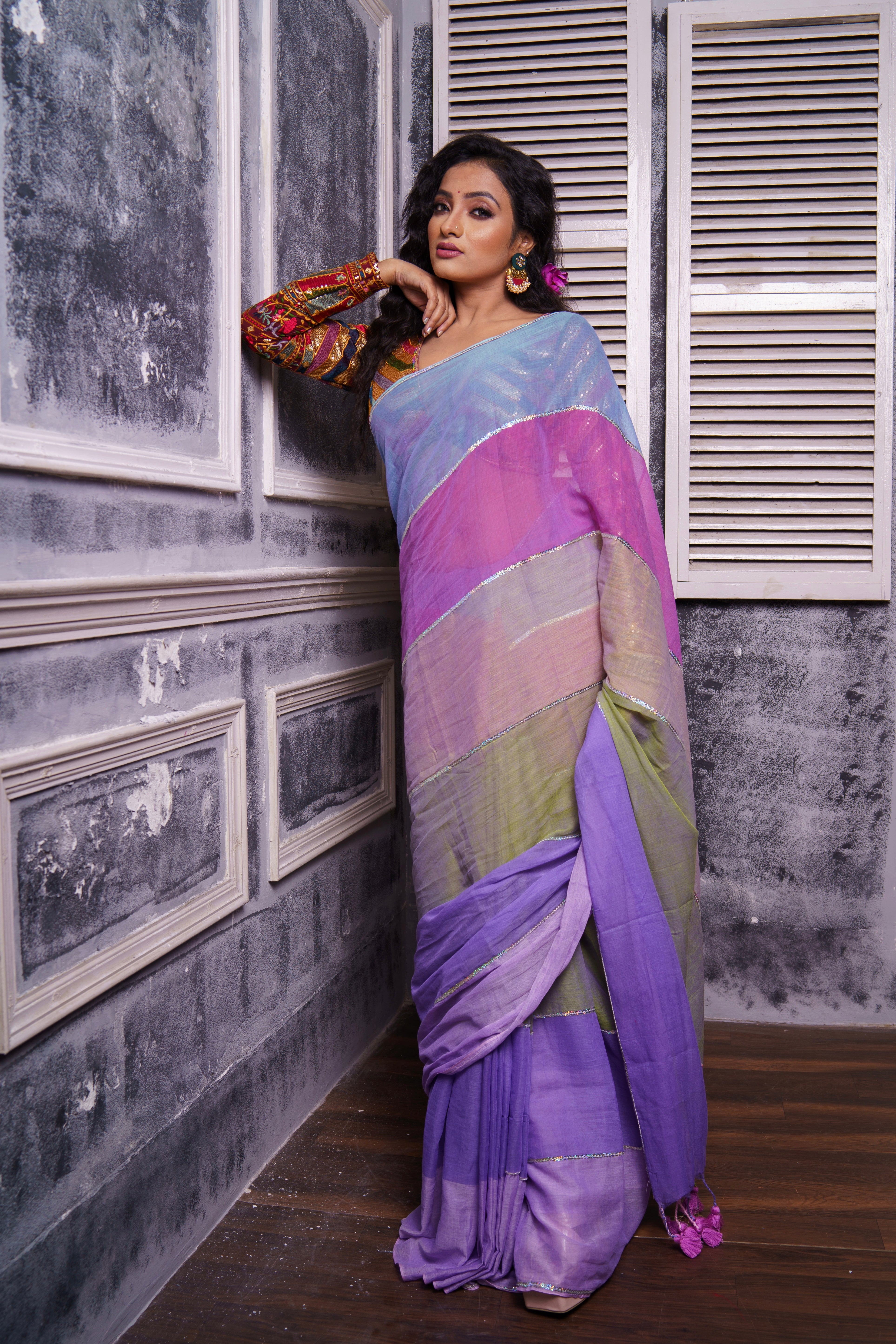 Light Purple Mul Mul Cotton Saree with Multi Rainbow Sequence Work
