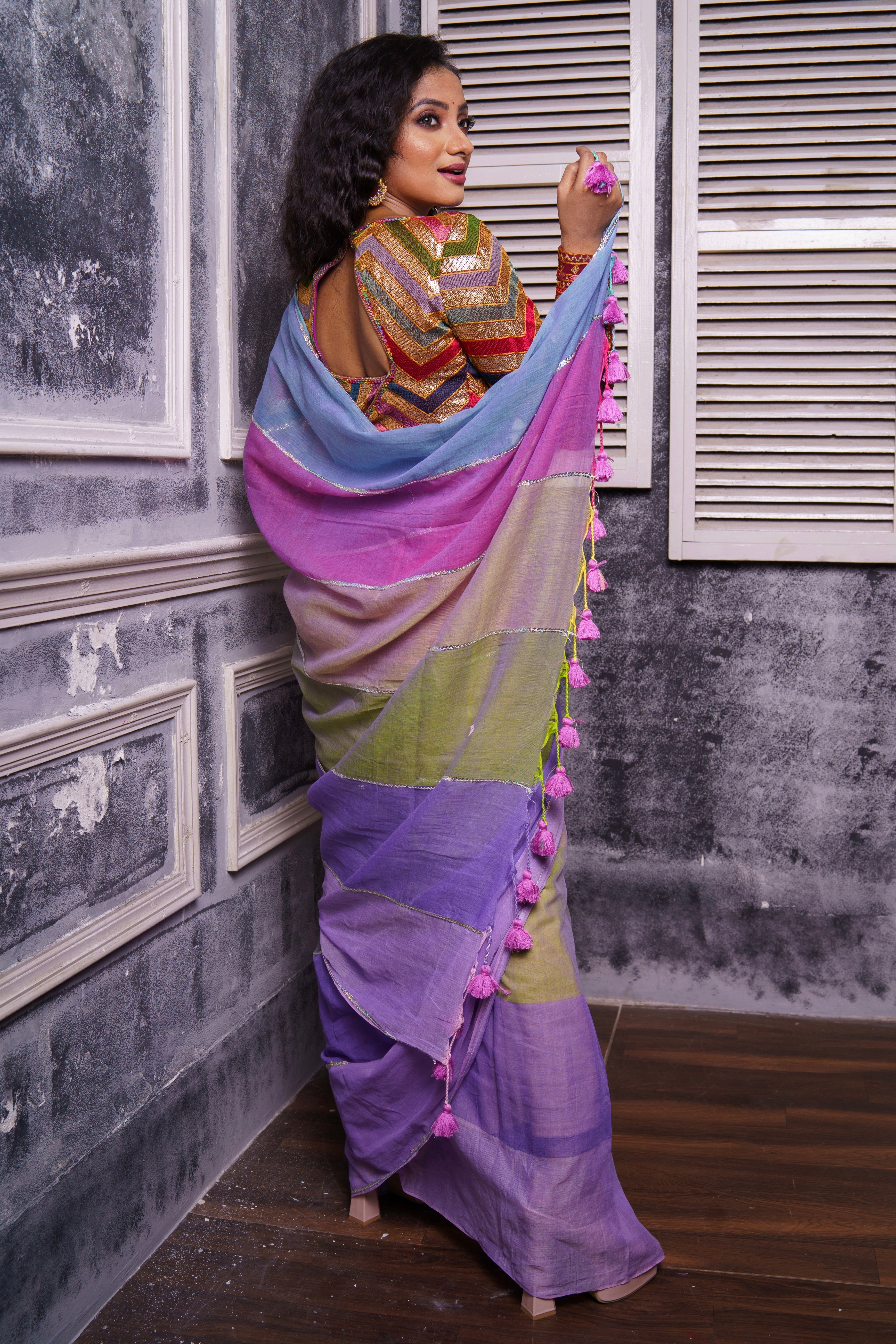 Light Purple Mul Mul Cotton Saree with Multi Rainbow Sequence Work