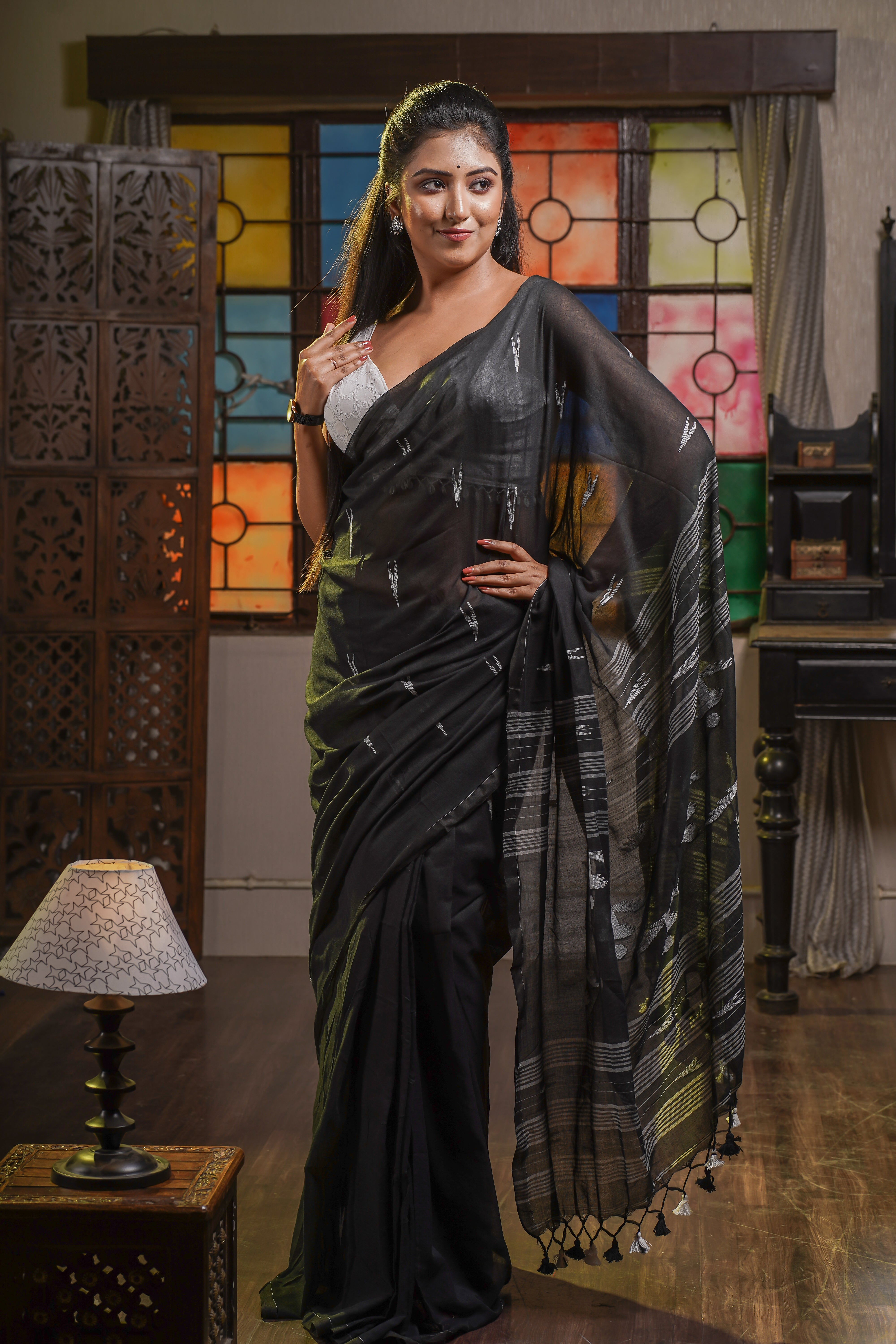 Anvika Black pure mul mul cotton hand weaving saree