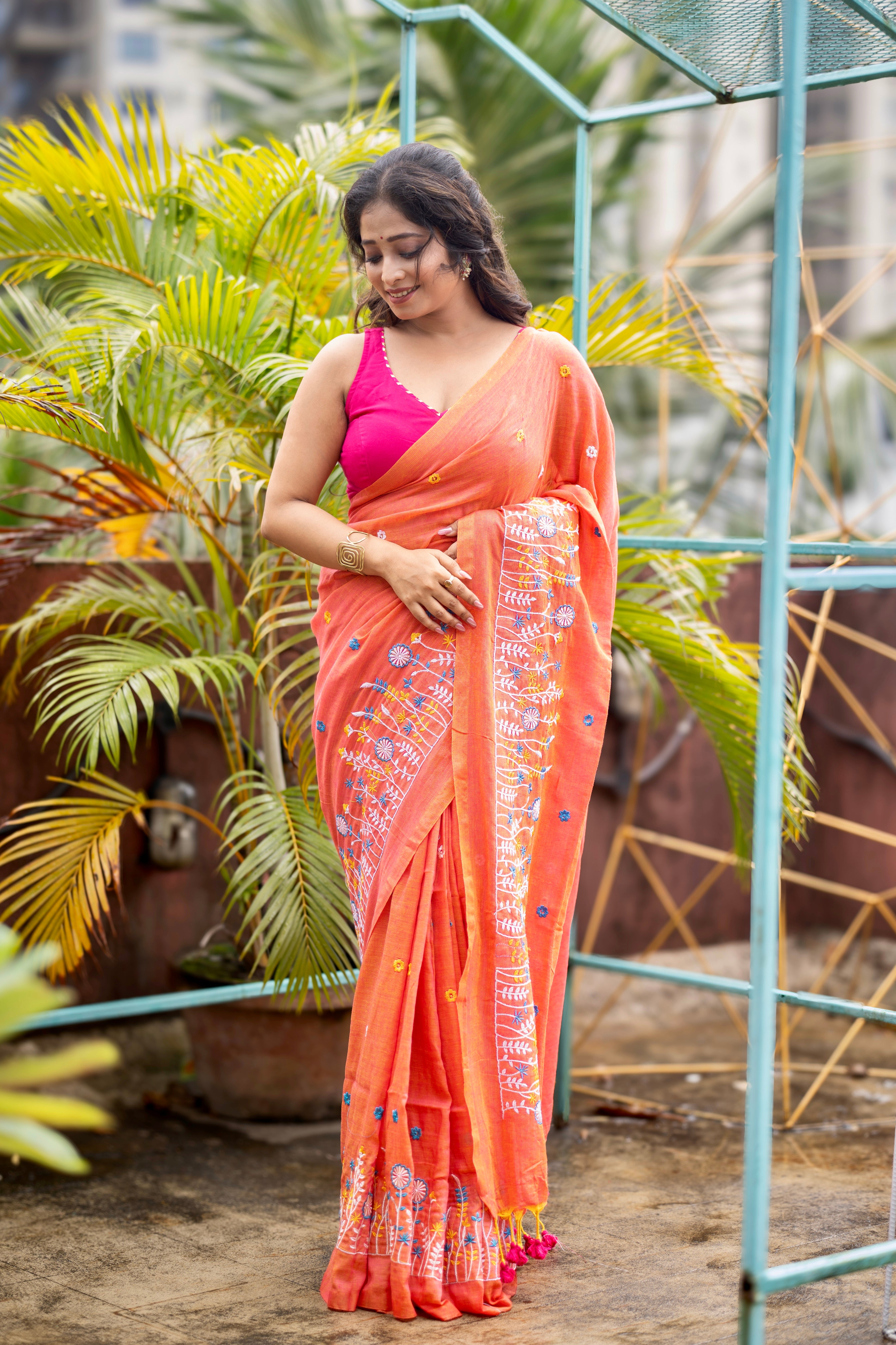 Soft khadi Cotton Embroidery Saree-orange