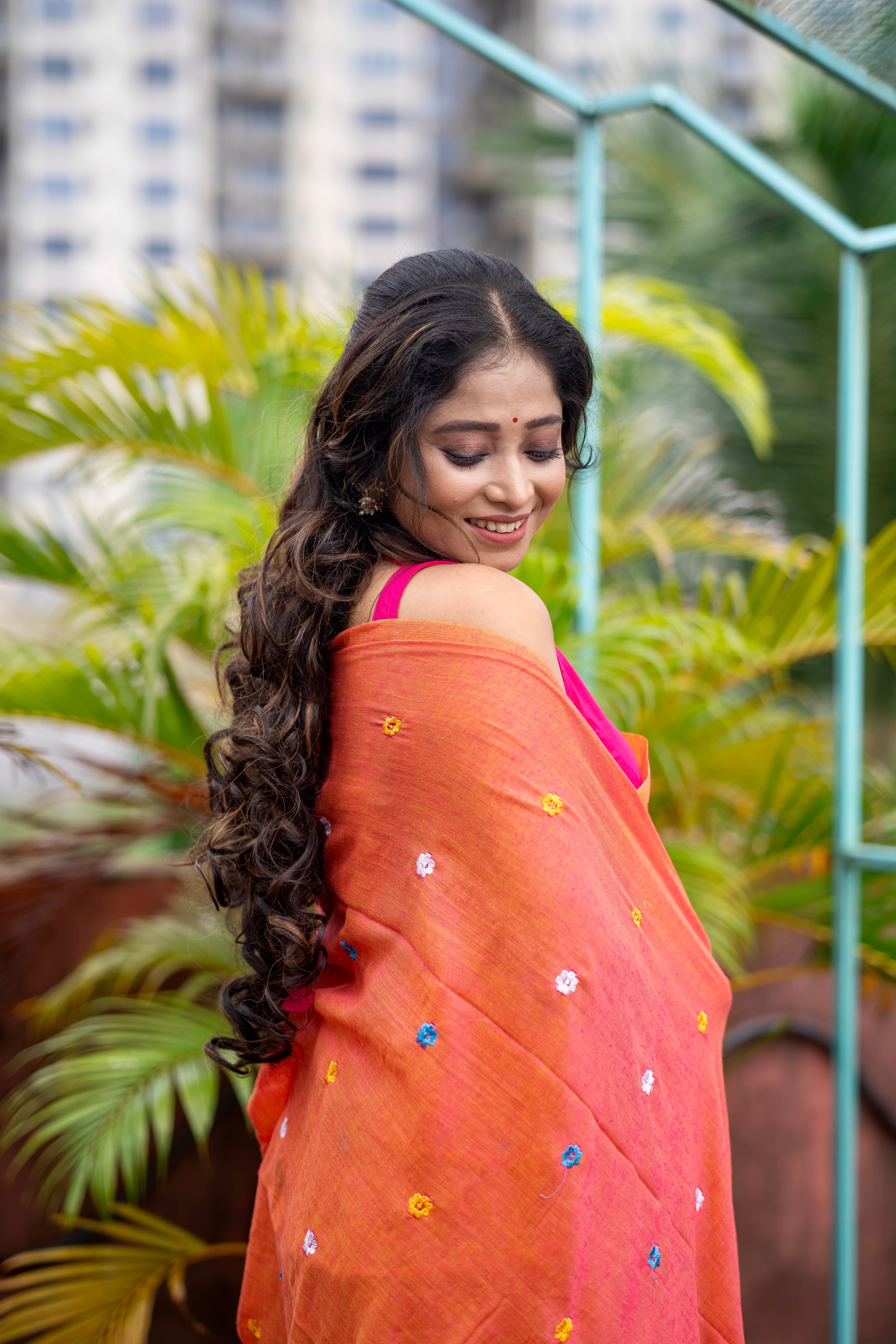 Soft khadi Cotton Embroidery Saree-orange