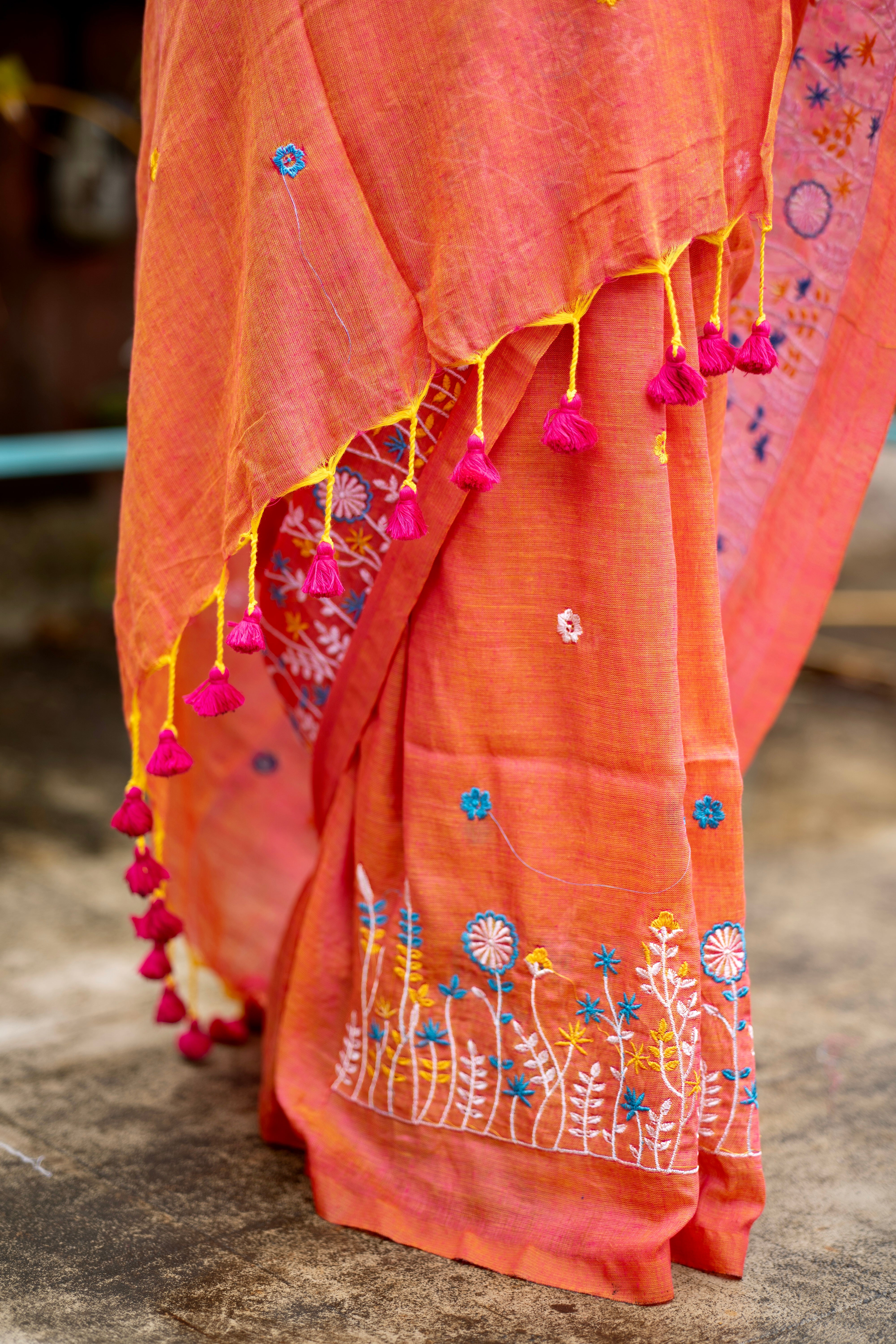 Soft khadi Cotton Embroidery Saree-orange