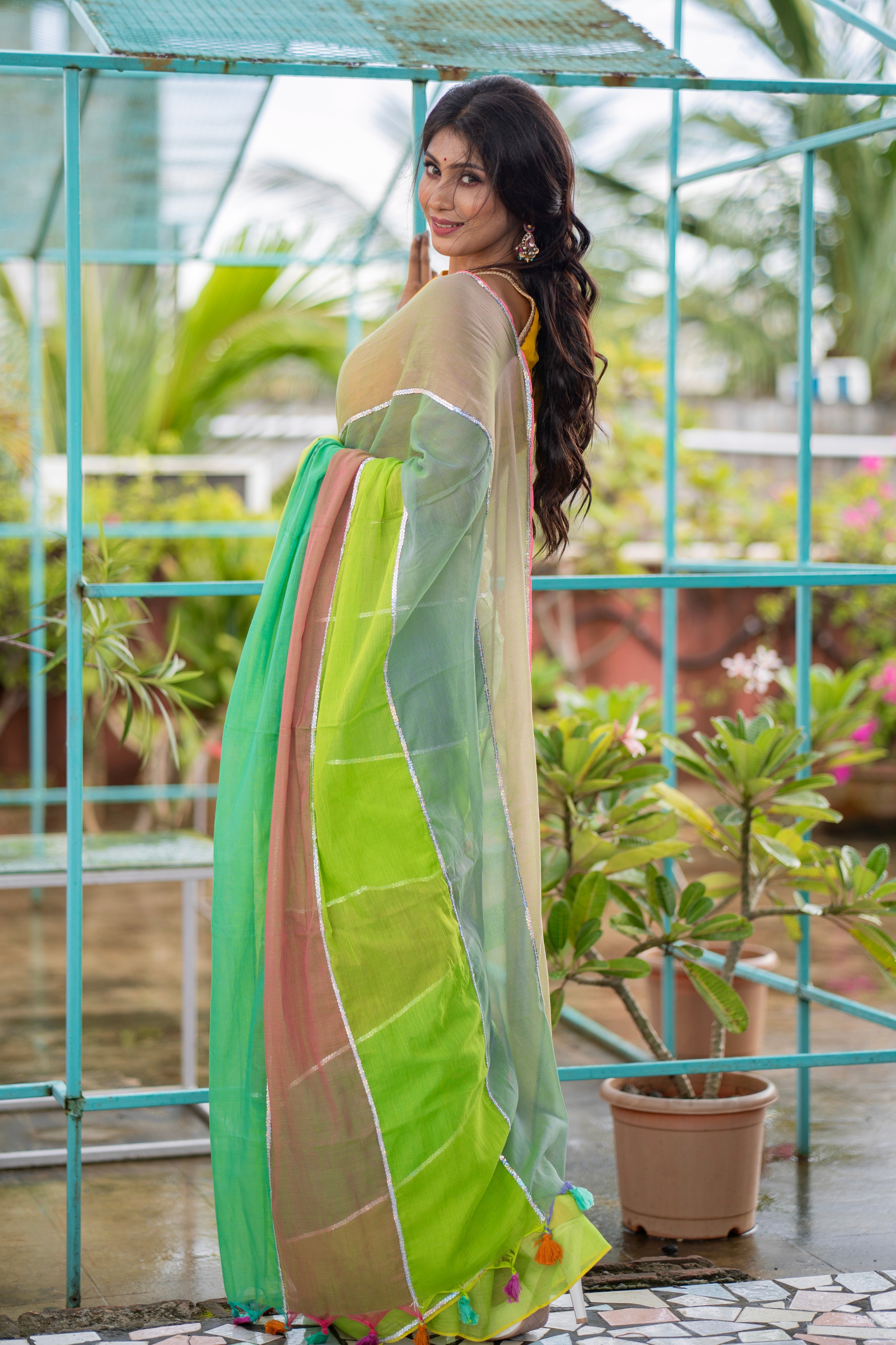 Light green Mul Mul Cotton Saree with Multi Rainbow Sequence Work