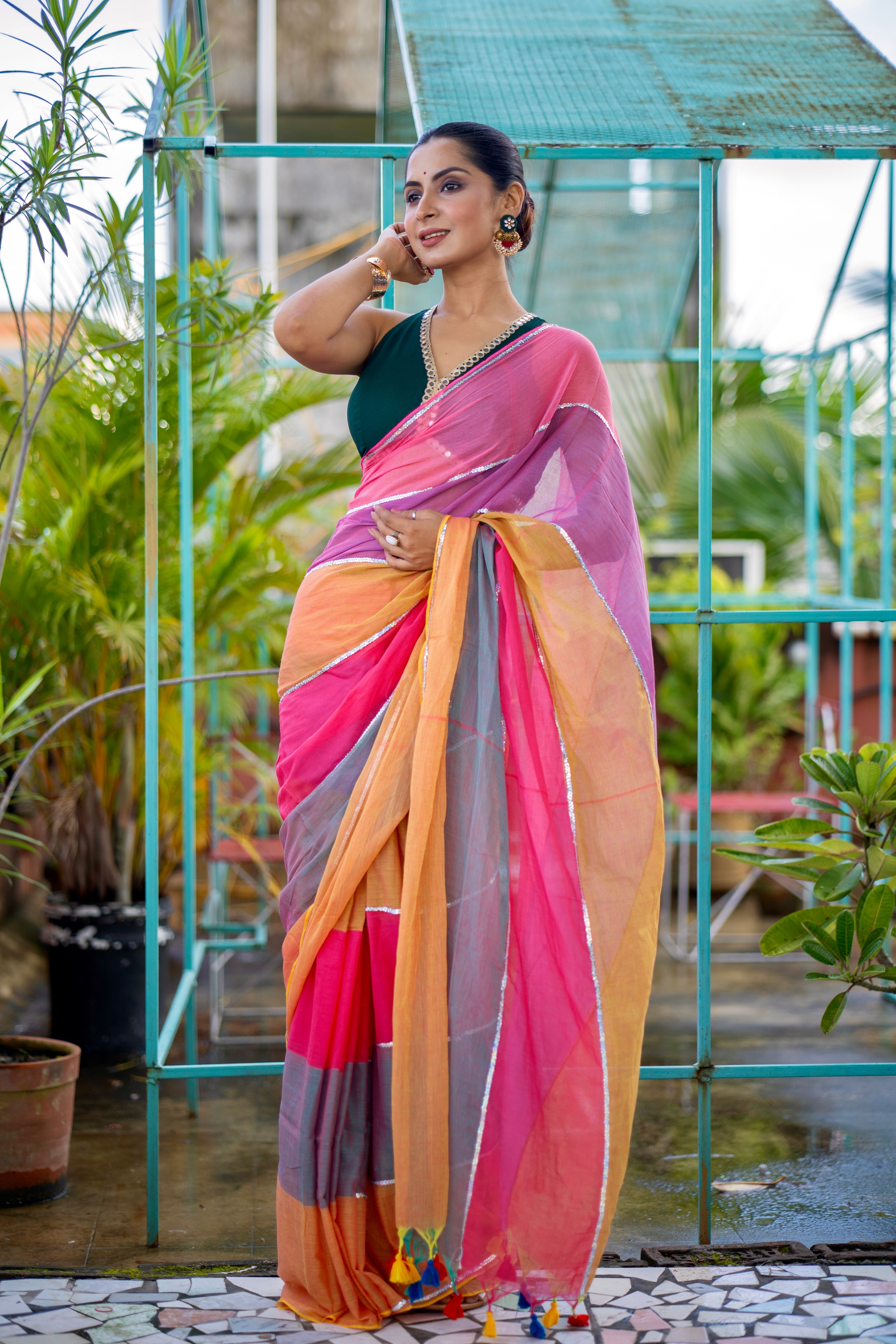 Blush pink Mul Mul Cotton Saree with Multi Rainbow Sequence Work