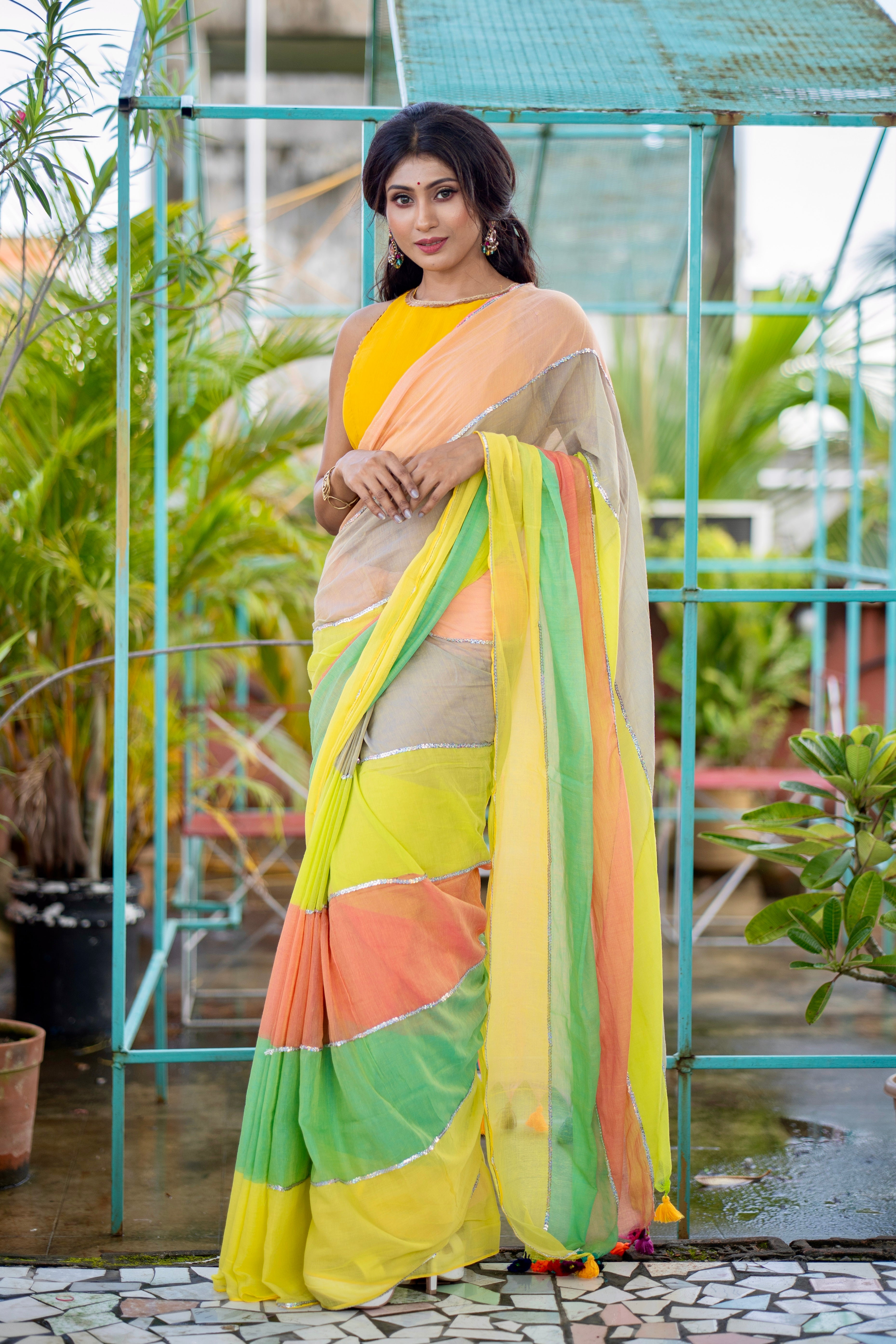 Light yellow Mul Mul Cotton Saree with Multi Rainbow Sequence Work