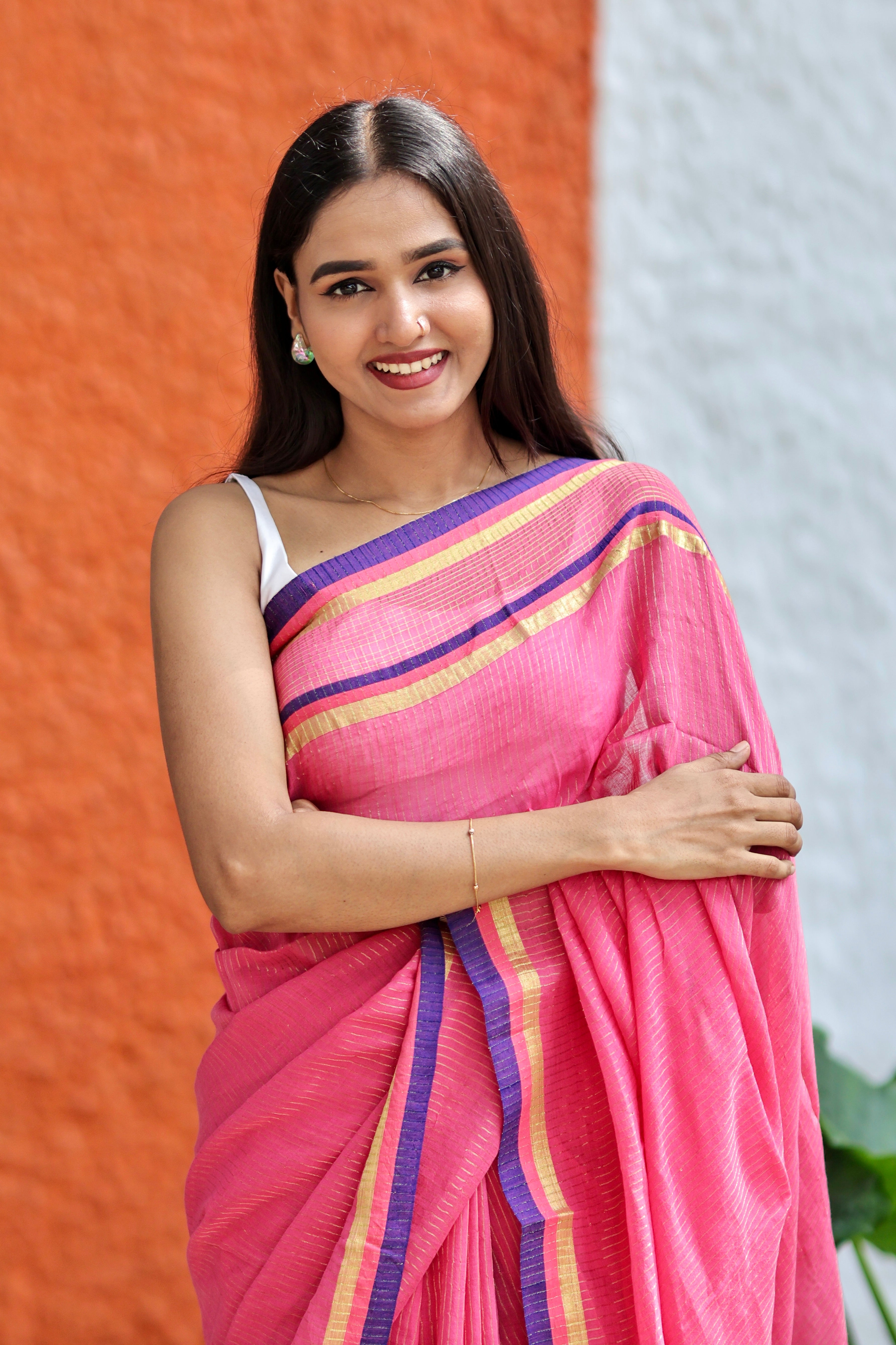 Kesariya Golden Check Mulmul Cotton Saree- Rose Pink