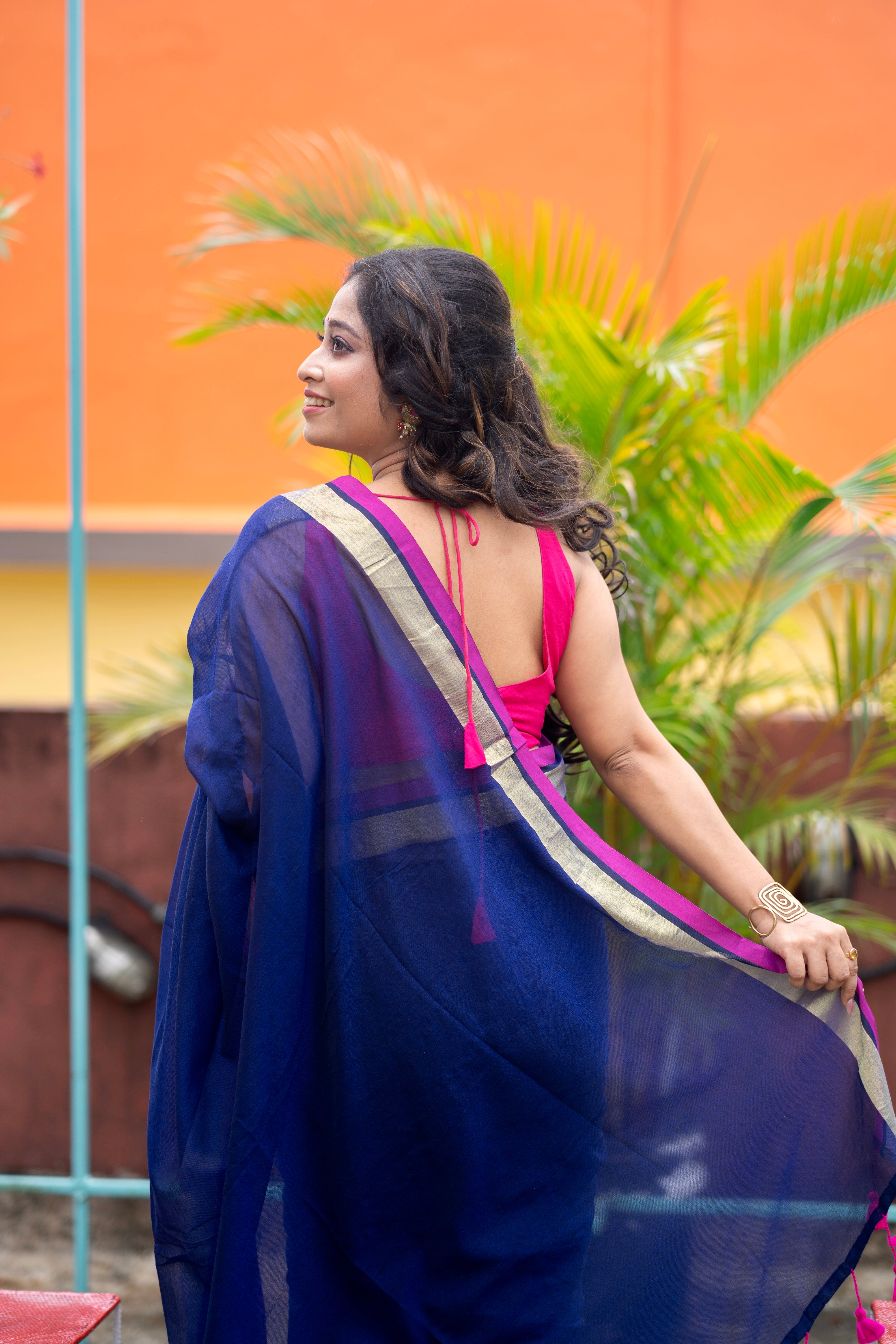 Royal blue Mulmul Cotton Saree With Contrast Blouse