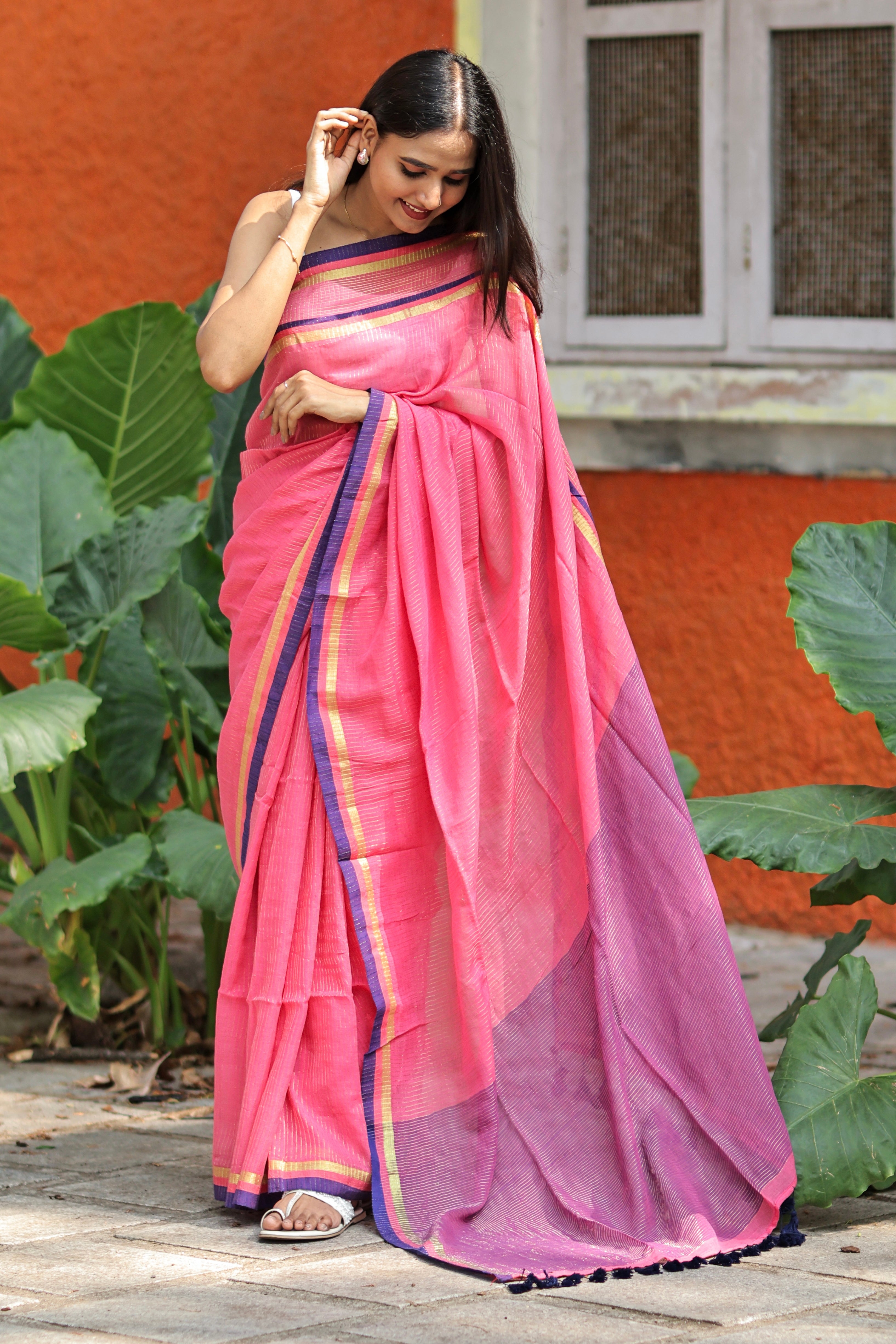 Kesariya Golden Check Mulmul Cotton Saree- Rose Pink