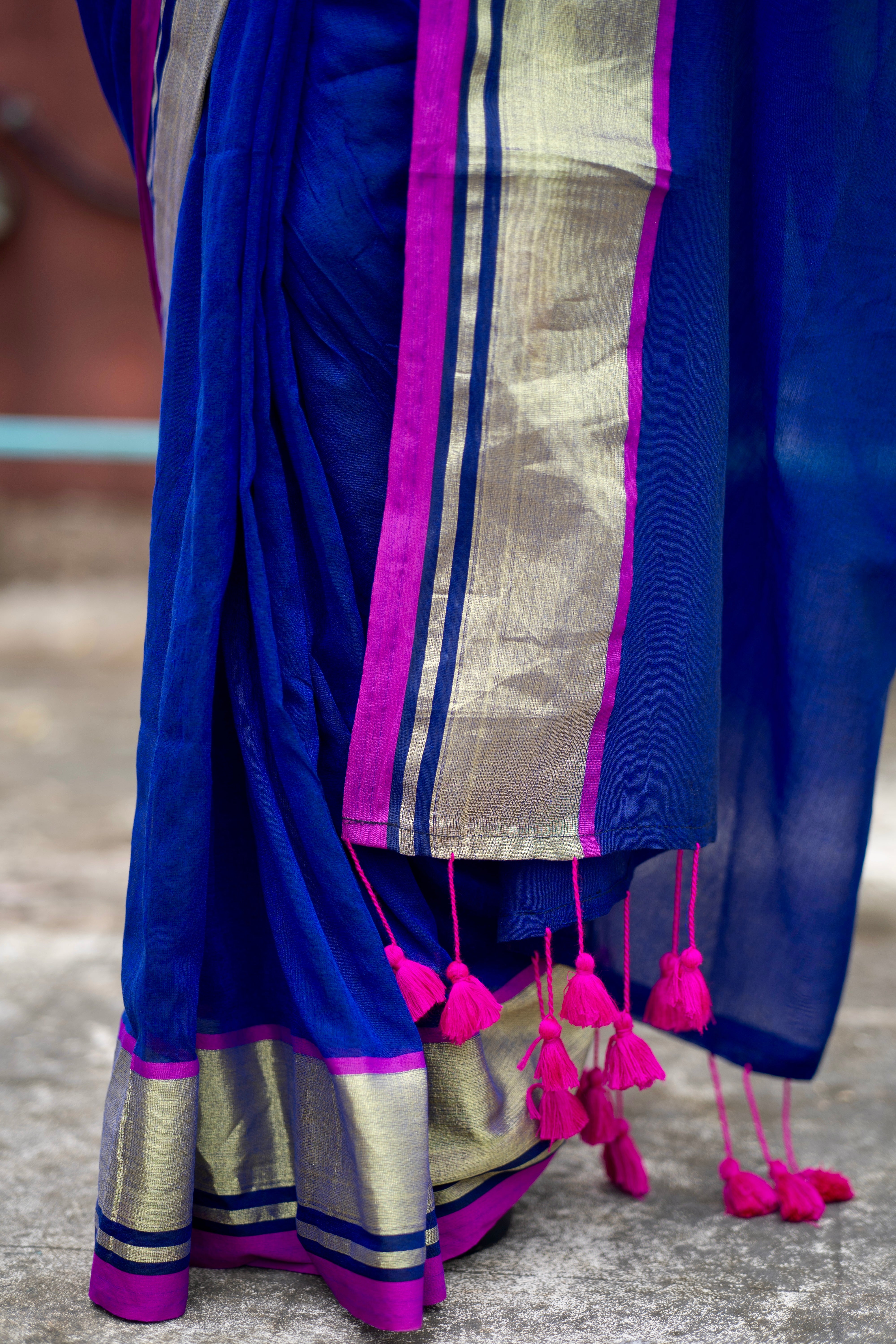 Royal blue Mulmul Cotton Saree With Contrast Blouse