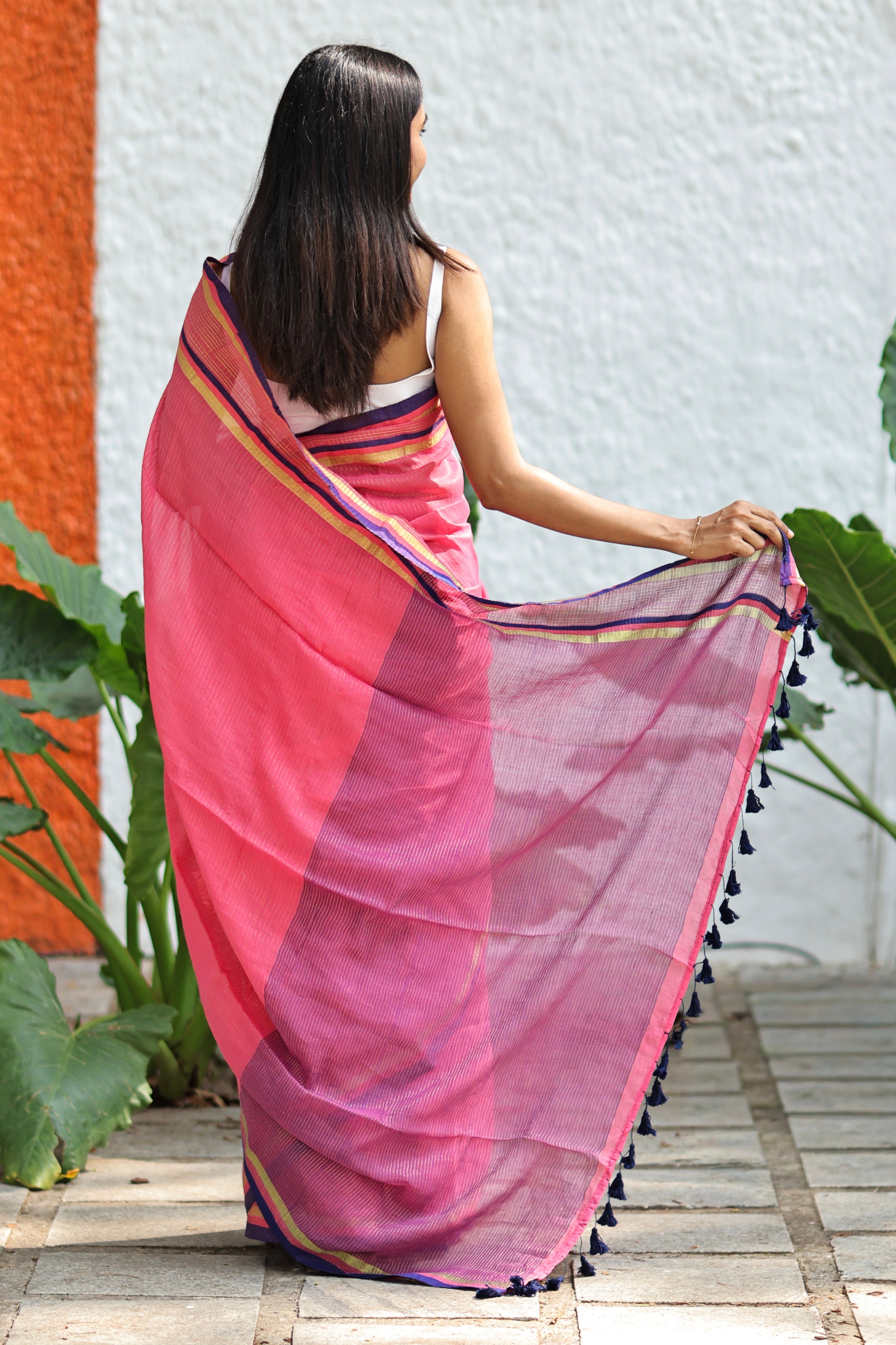 Kesariya Golden Check Mulmul Cotton Saree- Rose Pink