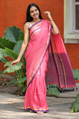 Kesariya Golden Check Mulmul Cotton Saree- Rose Pink