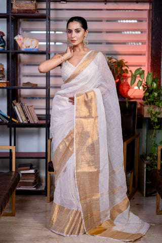 White mahapar Linen Saree with blaouse piece