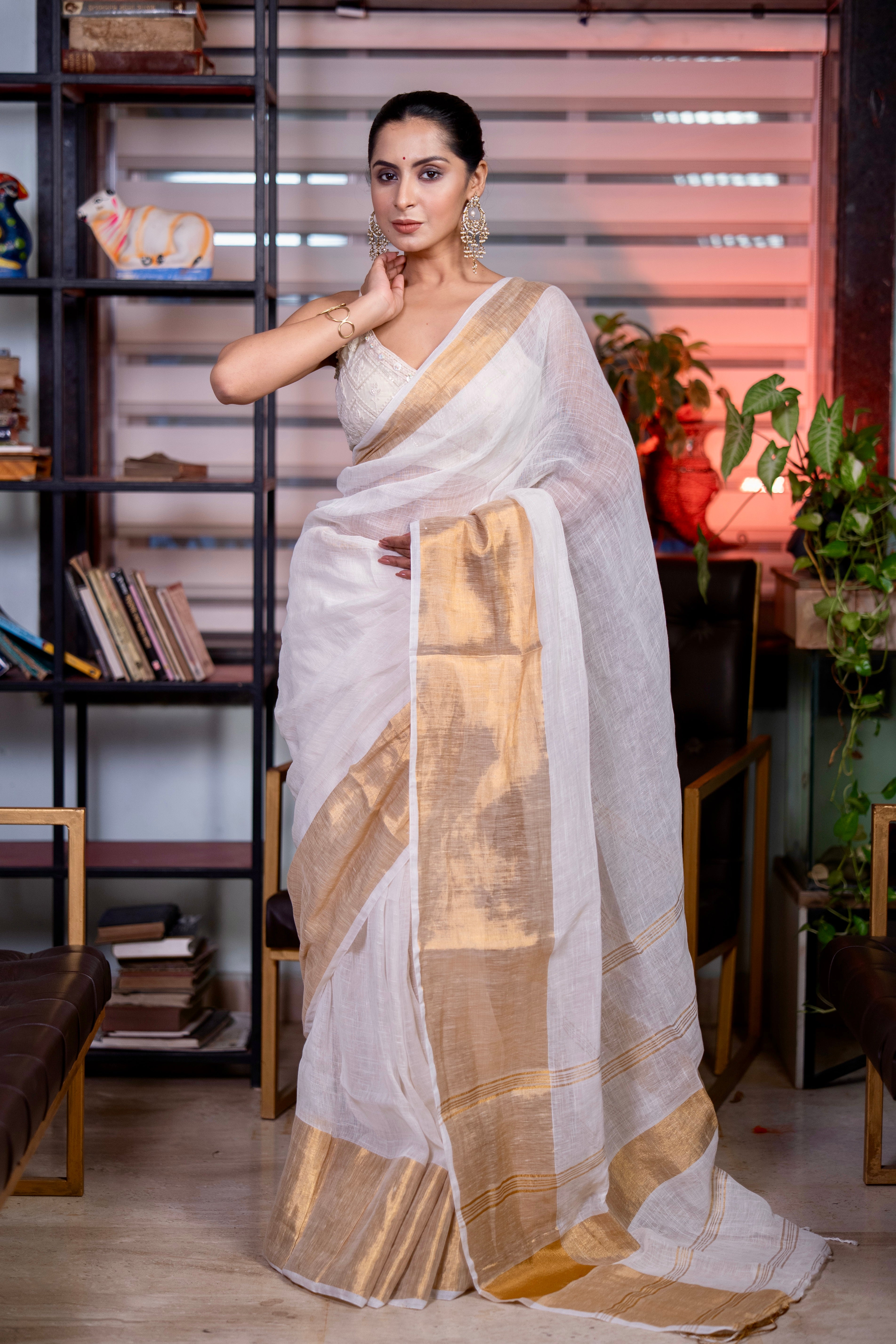 White mahapar Linen Saree