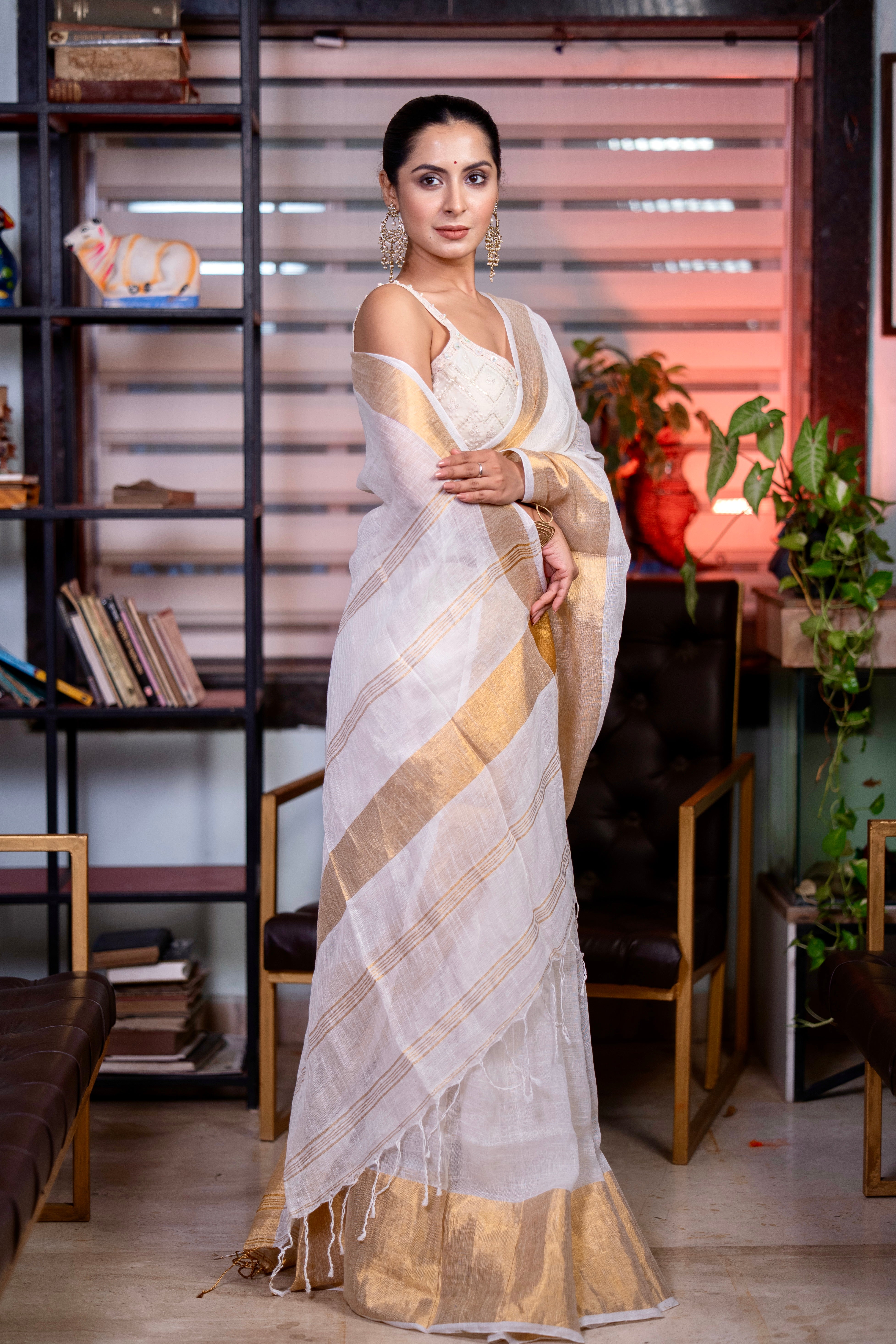 White mahapar Linen Saree