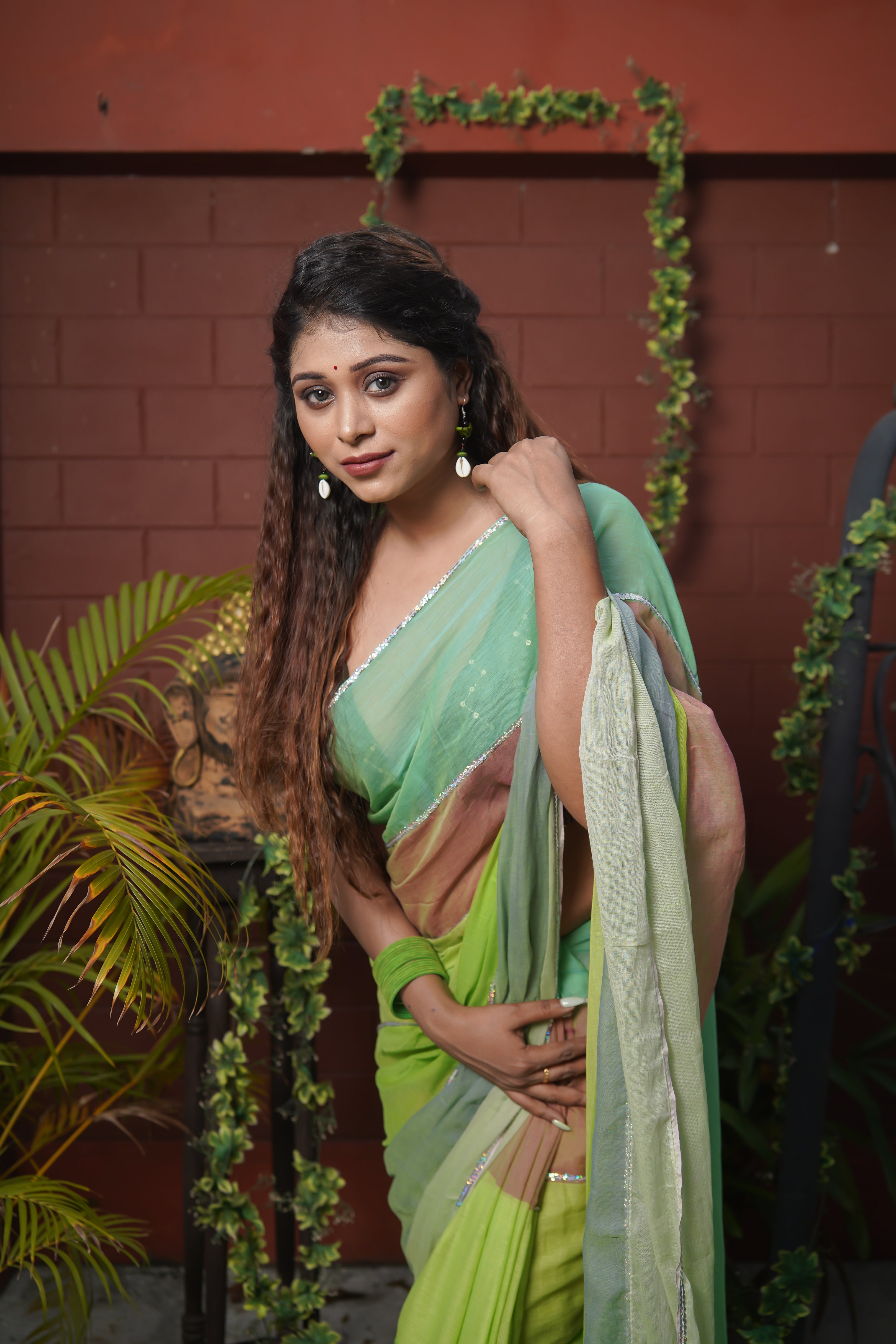 Parrot Green Mul Mul Cotton Saree with Multi Rainbow Sequence Work