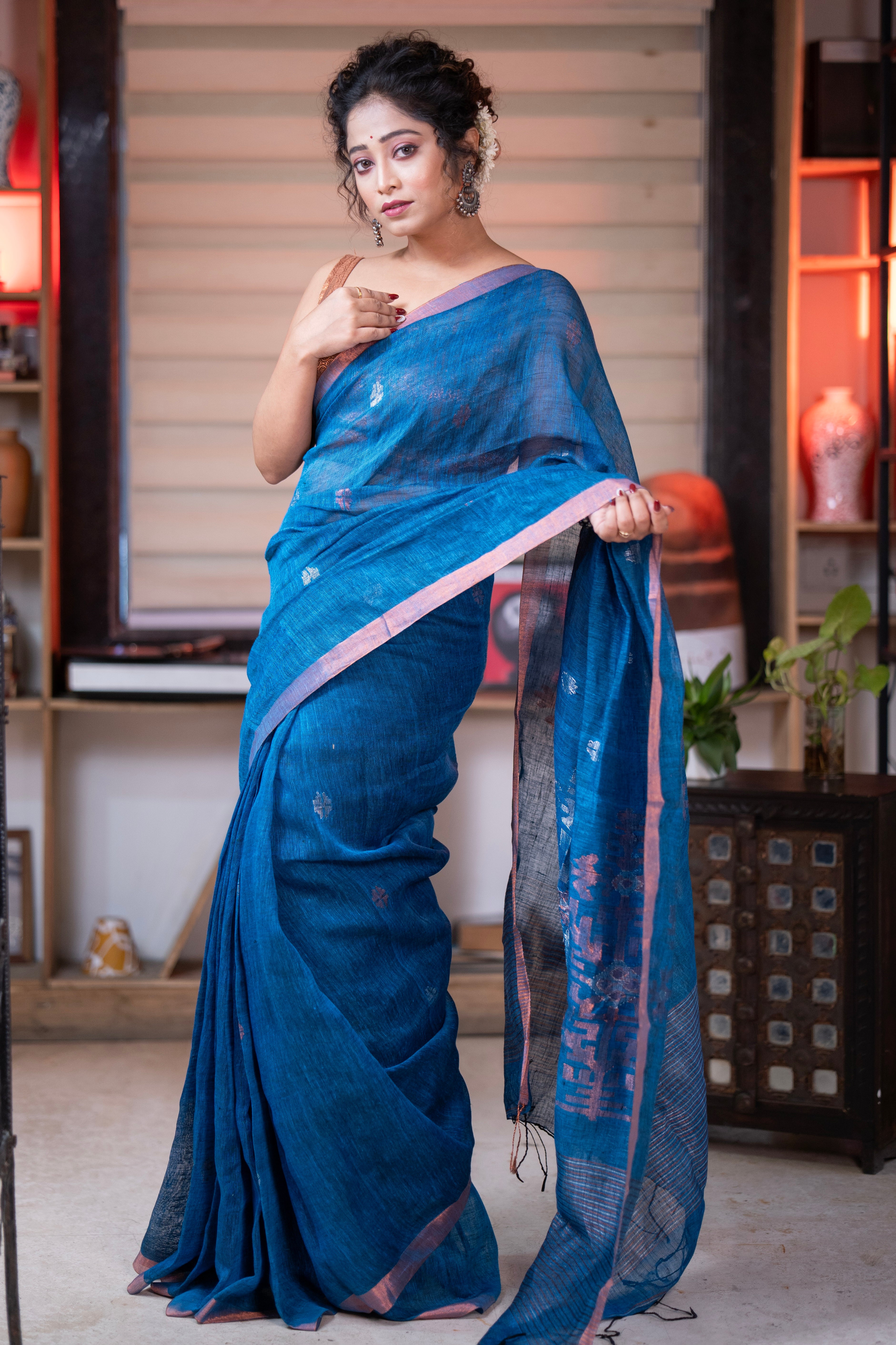 Royal Blue Sawstik Linen Hand Woven Jamdani Saree