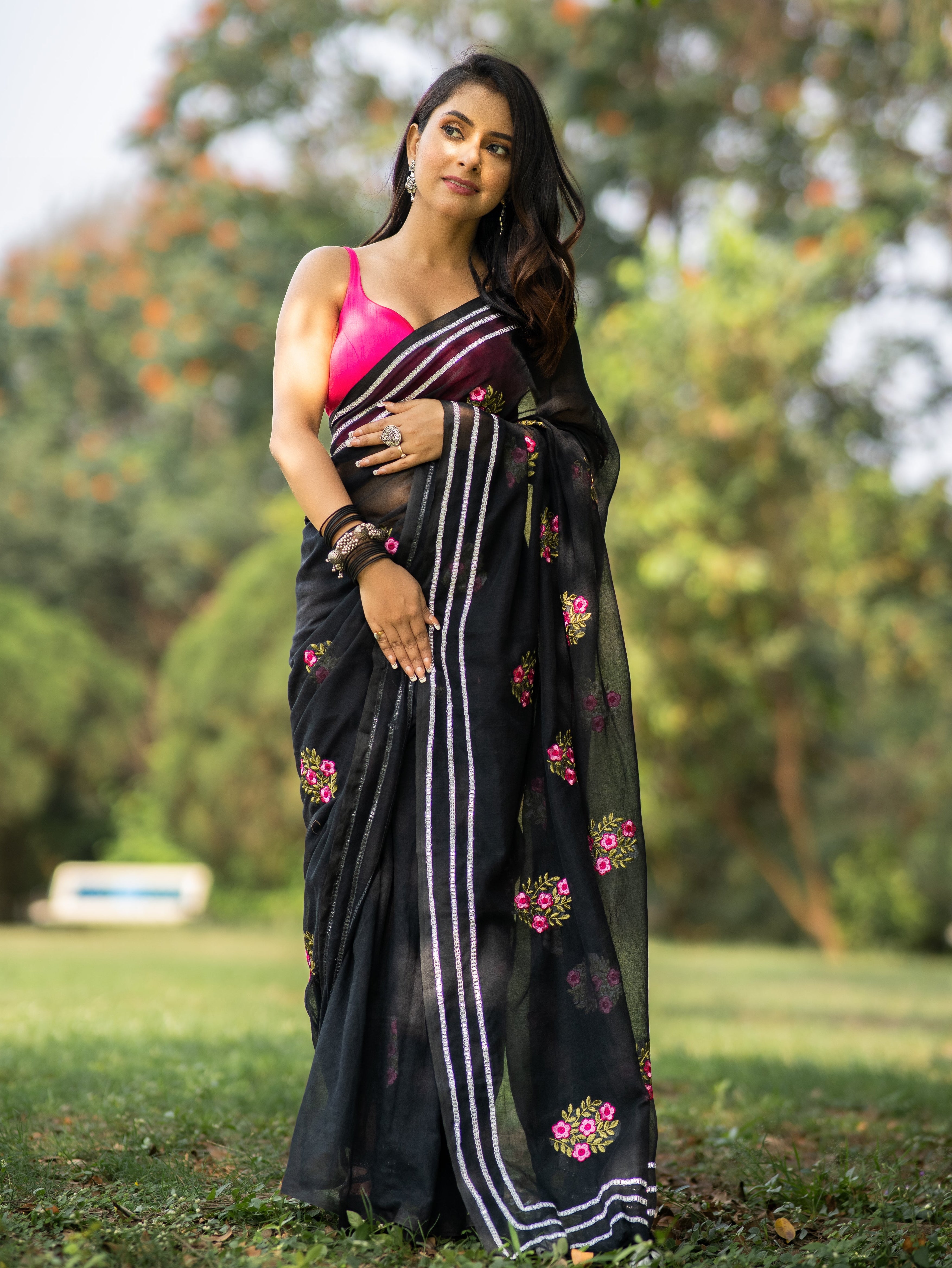 Lavanya Black Mul Mul Cotton Saree With Embroidery